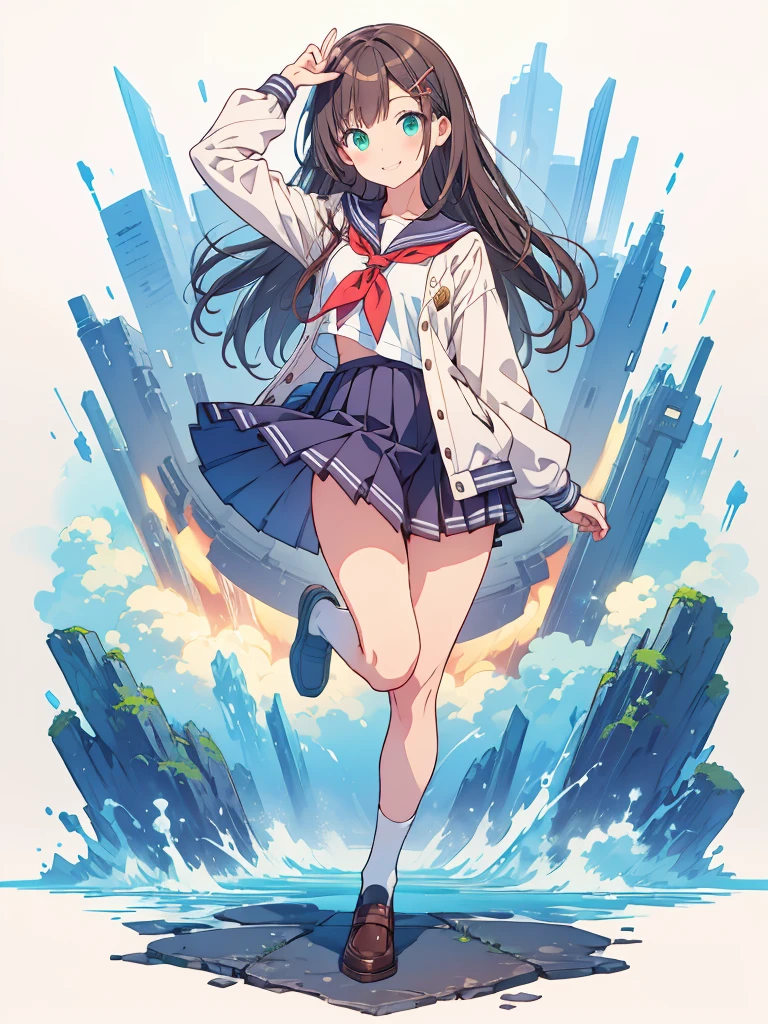 (1 Girl:1.2),(high quality), (High resolution), (Very detailed), (8k),(Demolition paperback correct)、Sexy Lingerie、Wearing a sailor uniform、((Focus on the whole body))、Nipple Shape、((Black Pantyhose))、Hair messed up by strong wind、Neutral White Lighting,Sexy pose、