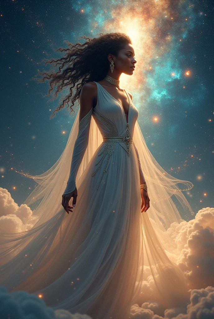 Black girl with curly hair, brown eyes, white dress hugging God