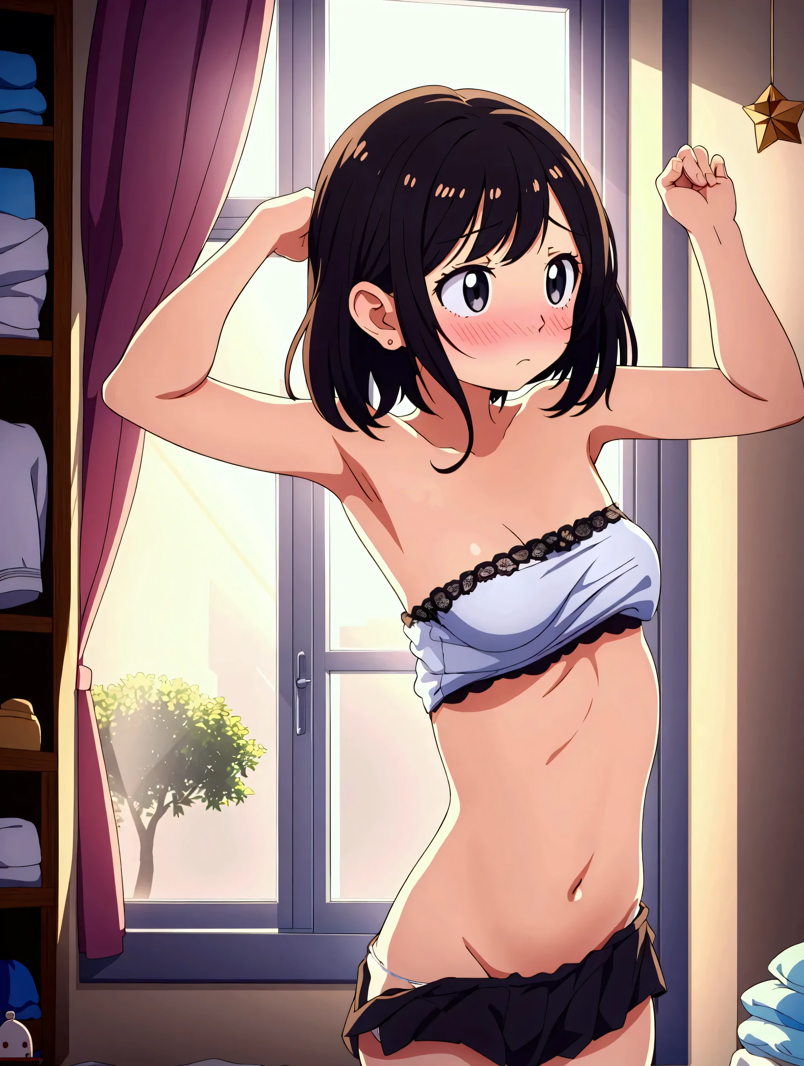one cute girl , (The scene of changing clothes), short hair, Hair hanging over ears , embarrassed face , (Body bent forward ), I'm grabbing my skirt and taking it off, white panties, My part inside the house , Sunlight Through the Window , Proximity, light background blur , anime style, detailed depiction down to the smallest detail , high resolution, best quality , The Greatest Masterpiece, 16k