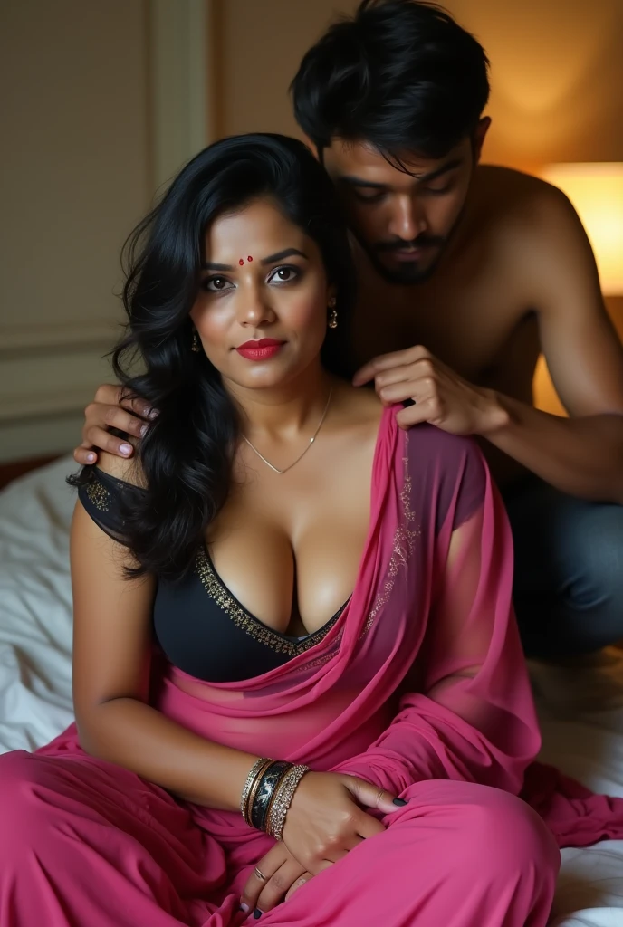 gorgeous naked Indian actress, hourglass figure, swooping breasts, deep cleavage, beautiful, pretty, glorious, red bathrobe, 4K, HD
