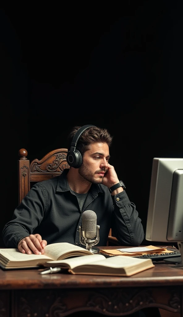 A scene in a retro futuristic winter environment , with a black background . In the foreground, a male character seated on an antique wooden chair, Relaxed looking , Wearing headphones and looking thoughtfully forward , resting her face on one hand . It's in front of a rustic table full of open books, Papers and a vintage silver microphone in the center . on the right , Is there a retro computer with a retro screen