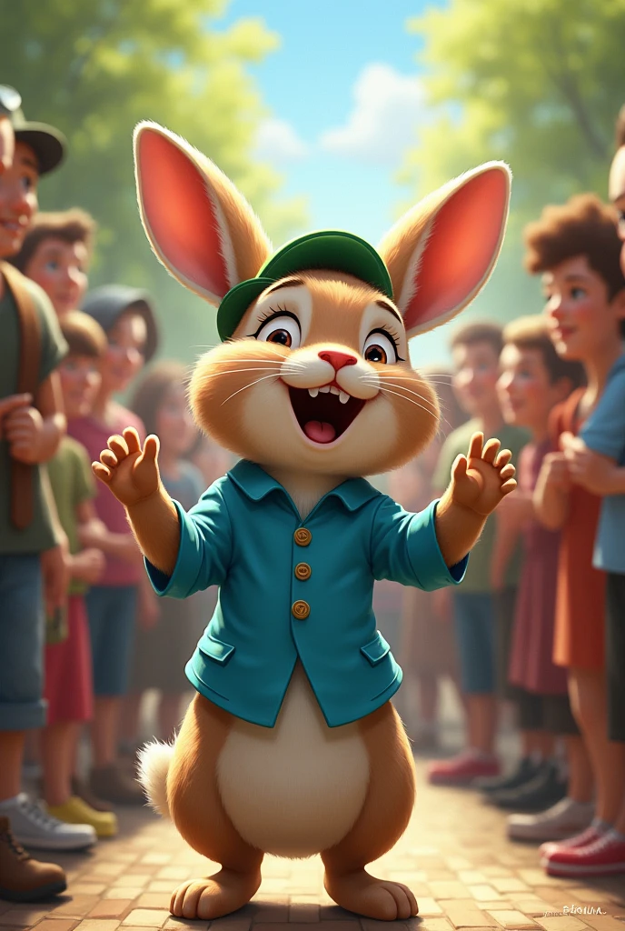 Create a form. A rabbit wearing a blue shirt and green hat is singing to you, and people are standing around watching. The rabbit sings happily.