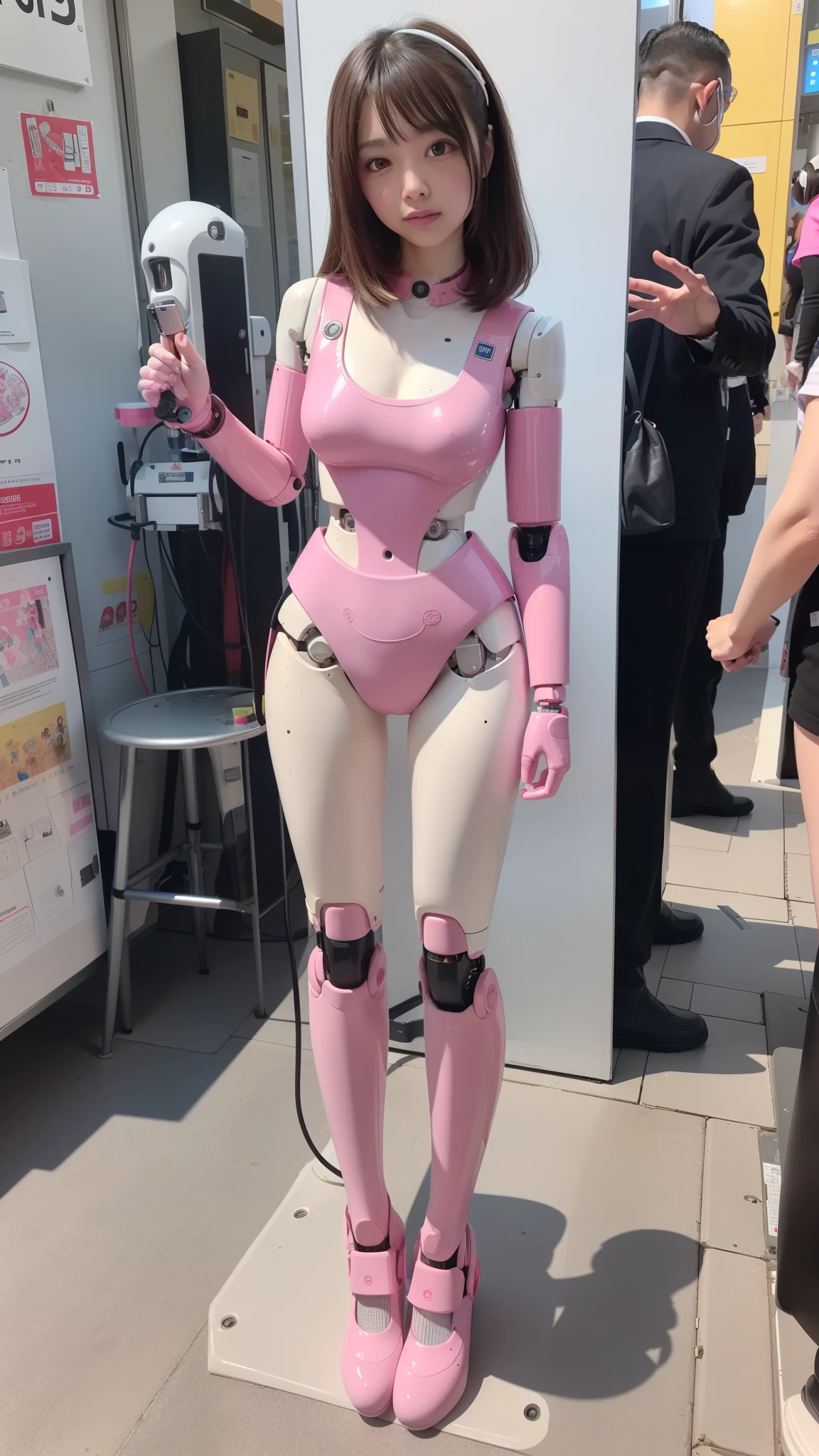 cyborg, Pink there, Silver, metallic, Robot Parts, Metal Parts, Super Detailed Face, Super well-formed face, of the highest quality, a small face,, a small head Full body, Black hair, slender-body, Camera gaze, Internal Mechanical Exposure, Idol, Well-proportioned body, gravure, Photo session, Akihabara, Moe Pose, Standing with legs open, Model body type, sad, Embarrassing,(Perfect Robot Girl),(Perfect machine body)