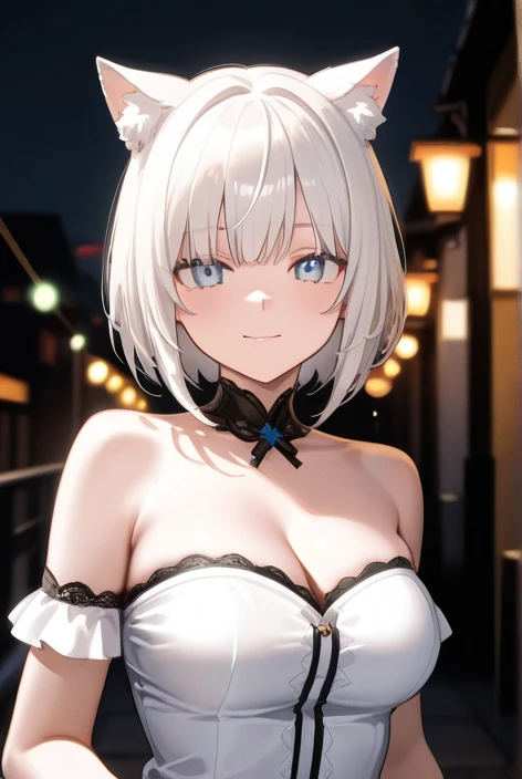 masterpiece, highest quality, (solo focus), (perfect face:1.1), (high detail:1.1),dramatic, 1girl, (pale skin), long white hair, white eyes, solo, long hair, moon, night, perfect breasts, white luxury suit, open suit, open jacket, exposed bra, open coat, nude jacket, naked jacket, off shoulder, bare shoulder, perfect shoulder, detailed collarbone, perfect collarbone, bare neck, neckless, vampire, fangs, smile, pouty lips, covered, victorian city, detailed background, gothic renaissance, cinematic lighting, detailed iris, sparkle eyes, star in eyes, enchanting red eyes, (multicolored eyes), (shining dust), (heterochromia), (messy hair:1.3), (hair between eyes), (hair over one eye), (wavy hair:1.1), perfect legs