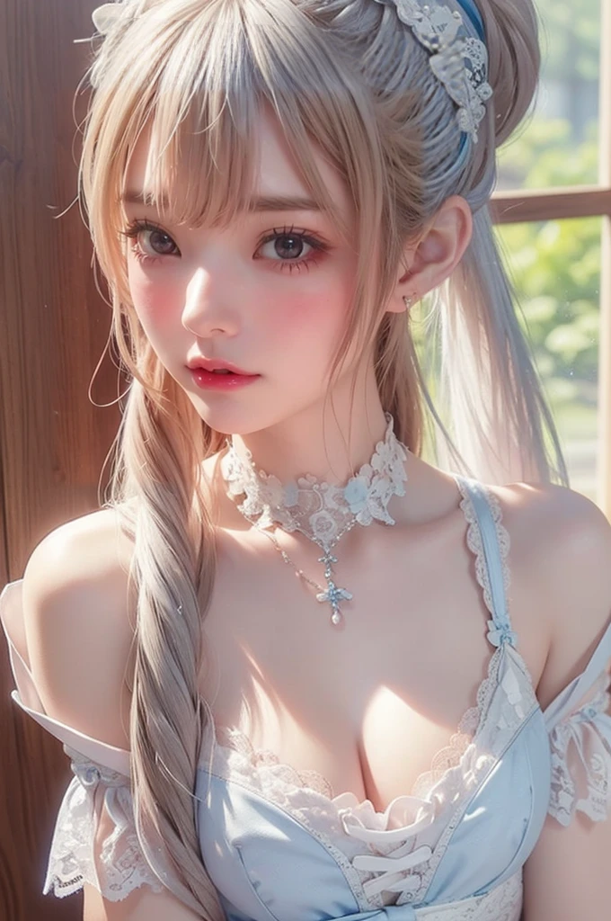 Beautiful white and shining skin、Chestnut-colored hair that changes with the light、Long bangs between the eyes that block vision、Cheek highlighter、Sexy and very beautiful gorgeous face、The most beautiful face in the world、Short Bob、Smooth straight hair、Medium breast、Beautiful breasts、Cleavage、Big and bright eyes、Beautiful bangs、Beautiful and beautiful woman、Small Face Beauty、Golden Ratio、Natural smile、Headdress、White blouse、Black Ribbon、Puff sleeves、collar、choker、White apron with fine frills、black maid costume、Beautiful thighs、