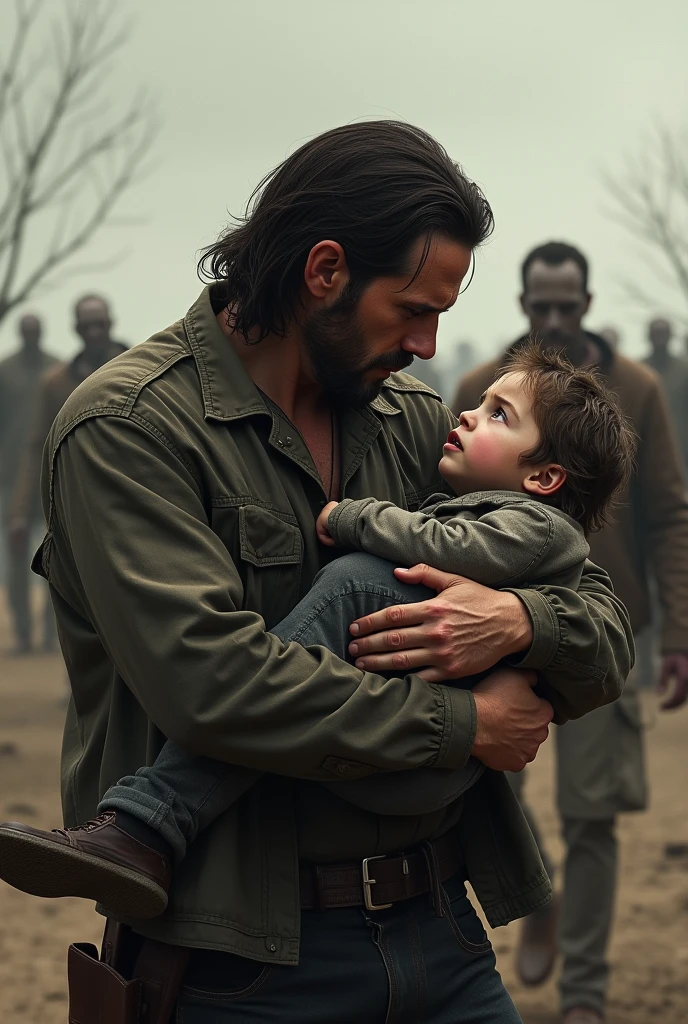 A man carrying a baby in his arms in a deserted place