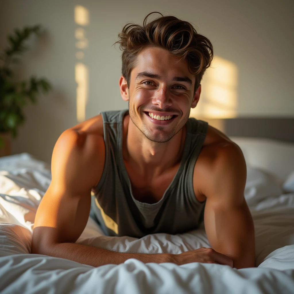 Image taken from above of a handsome young man in boxers kneeling looking directly at the camera with a look of pleasure.