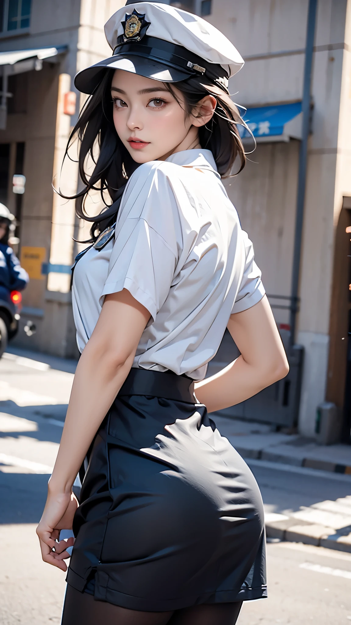 Beautiful sexy woman standing on the street、((Short Tie Pin T-Shirt))、Very gigantic-breasts:1.u can clearly see the shape of the chest、belly is visible、Tight super mini skirt、long legged、Show your audience your back、Beautiful profile looking back