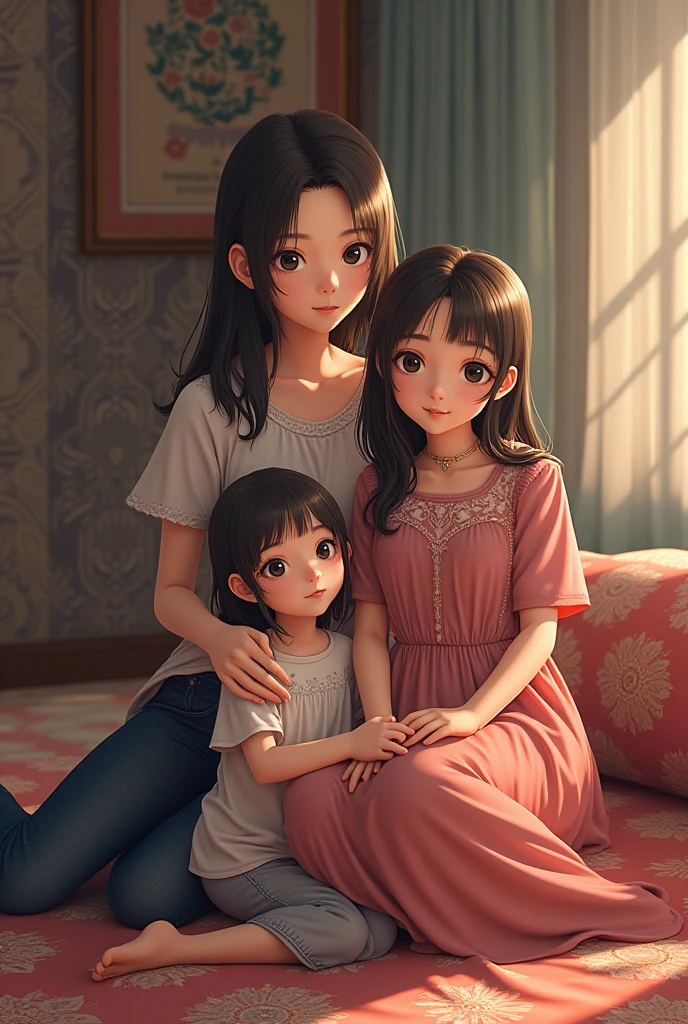 black hair, single braid, blue eyes, mature figure, beautiful detailed eyes, beautiful detailed lips, interacting with a child/family, mother and , love, harmonious family life