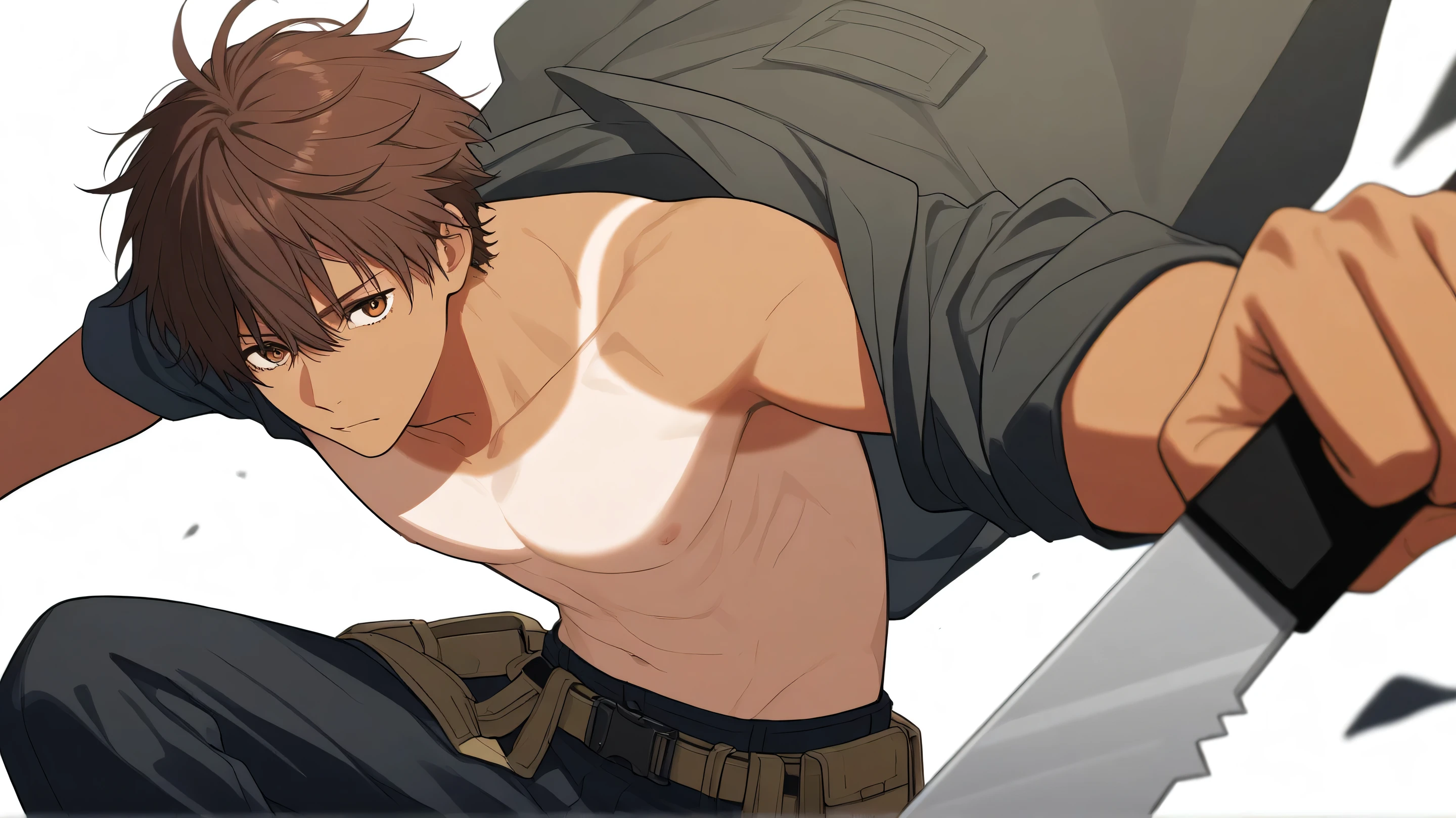 1 man, brown hair, brown eyes, tanned skin, worn out clothes, tool belt, white background
