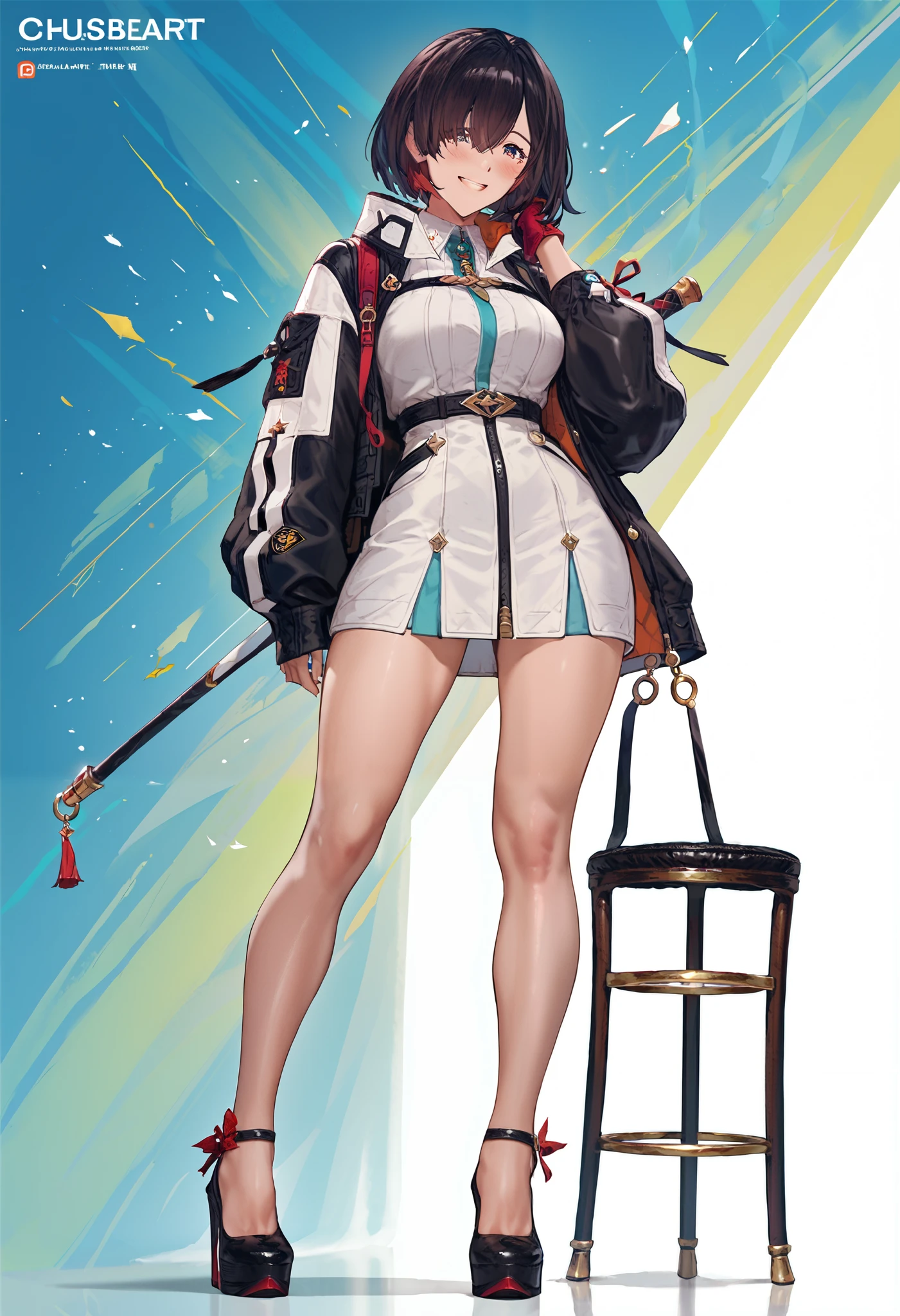 Shirtless busty redhead elf girl in Japanese style pants wearing All Star sneakers with red paint around eyes