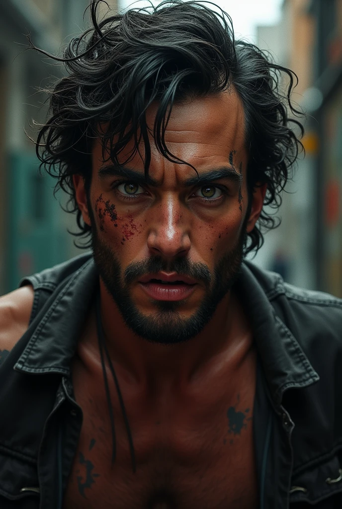 Light-skinned man with green eyes, short black hair and a tattoo on his abdomen (in triangular shape) with scars on the face (dark fantasy) and 40 years old