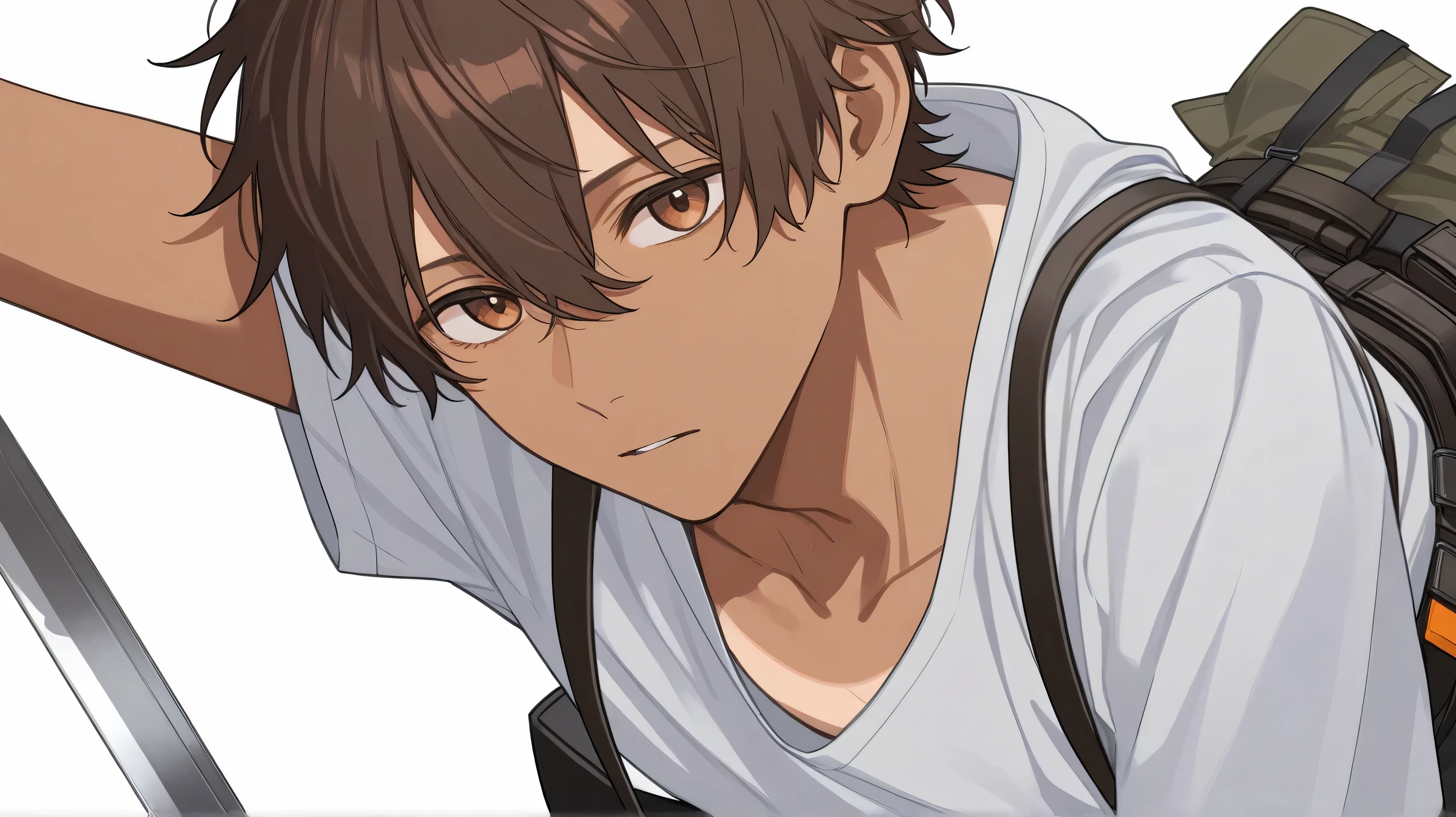 1 man, brown hair, brown eyes, tanned skin, worn out clothes, tool belt, white background