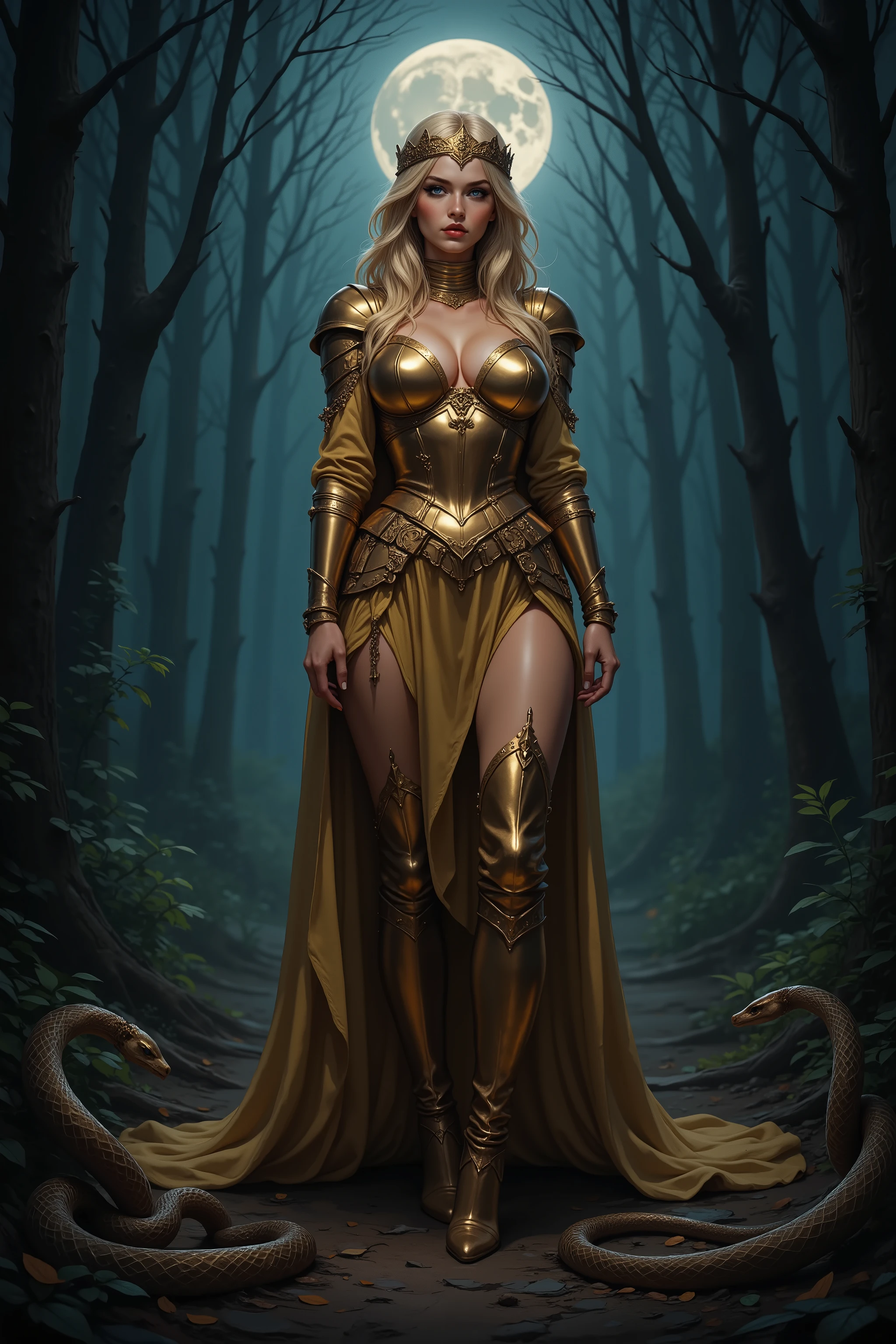 full length beautiful as in a fairy tale cinderella, adorned in gold, tight fit, low cut wearing knight's armor, a beautiful serious aristocratic face, crown on his head, in thigh - high golden boots, snakes coil under his feet, standing in a scary forest on a misty moonlit night. She has very long blonde hair, blue eyes, full red lips, brown skin, ultra - realistic skin texture, figure, and gaze. The scene is depicted in an ultra - detailed, photorealistic, cinematic, dramatik, dark fantasy style with an ethereal glow of light 8k