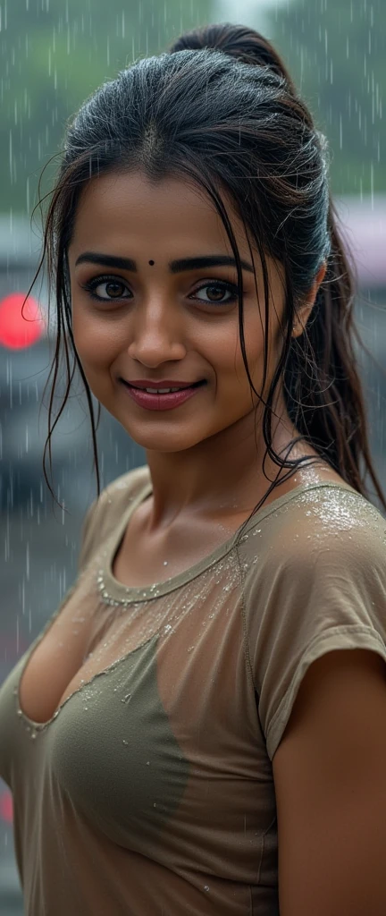 A masterpiece! A stunning Indian girl, her disheveled hair a testament to the torrential rain that surrounds her. Beautiful, detailed eyes sparkle with joy as she gazes directly at the viewer, her long locks tied back in a neat bun. She wears a casual t-shirt, slightly transparent from the wetness, and her medium-round breasts are subtly visible beneath. In a side pose, she revels in the heavy rain shower, her big cheeks flushed with happiness. The street background is a blurred Bokeh, while raindrops glisten on her skin, capturing the essence of a carefree rainy day.rain drops,paid girl , heavy rain, slightly show half nipple , very sexy (conveying love to boy friend) flowers on head