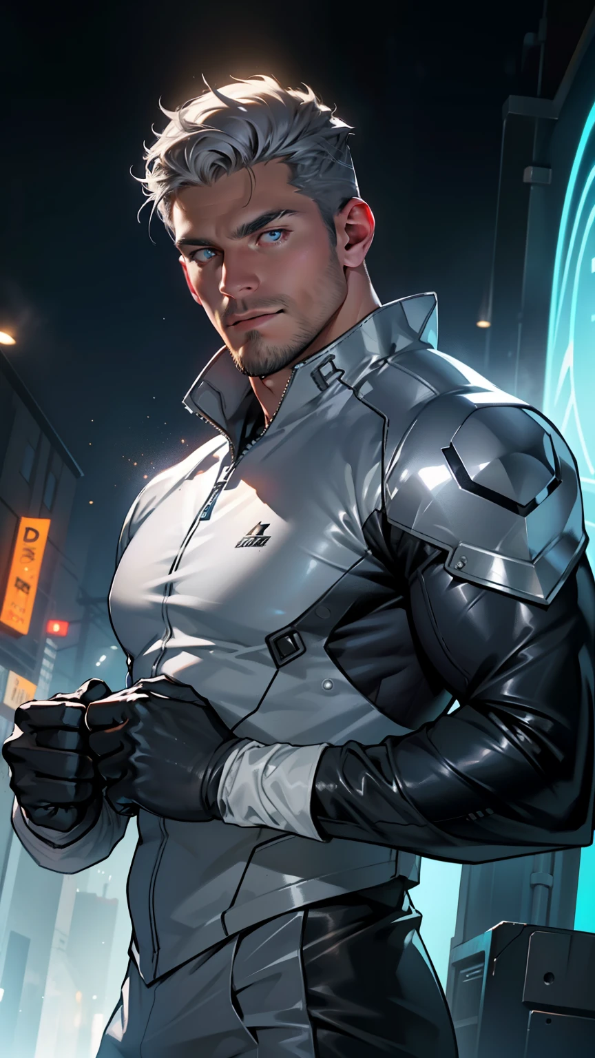  ( full length)  white uniform original photo, awarded , A wild  muscular man,  2 meters height, lean body , (30-year-old man  :1.3),  One,   metallic suit , liquid shiny metal , metallized slime, gloves ), spikes, gloves, very big realistic bulge, neon stripes,  gray hair,  shaved whiskey, (Big influence),  muscular,  a male , bristle,   short beard, (  detailed face :1.3), ( beautiful eyes:1.2) ,   ambient lighting , (  high-quality ,   High resolution  ,   photorealistic),   cinematic lighting  ,  masterpiece, RAW Photo,   complicated details , HDR,   depth of field   ,  with space , wonderful place,   energy threads around the body  