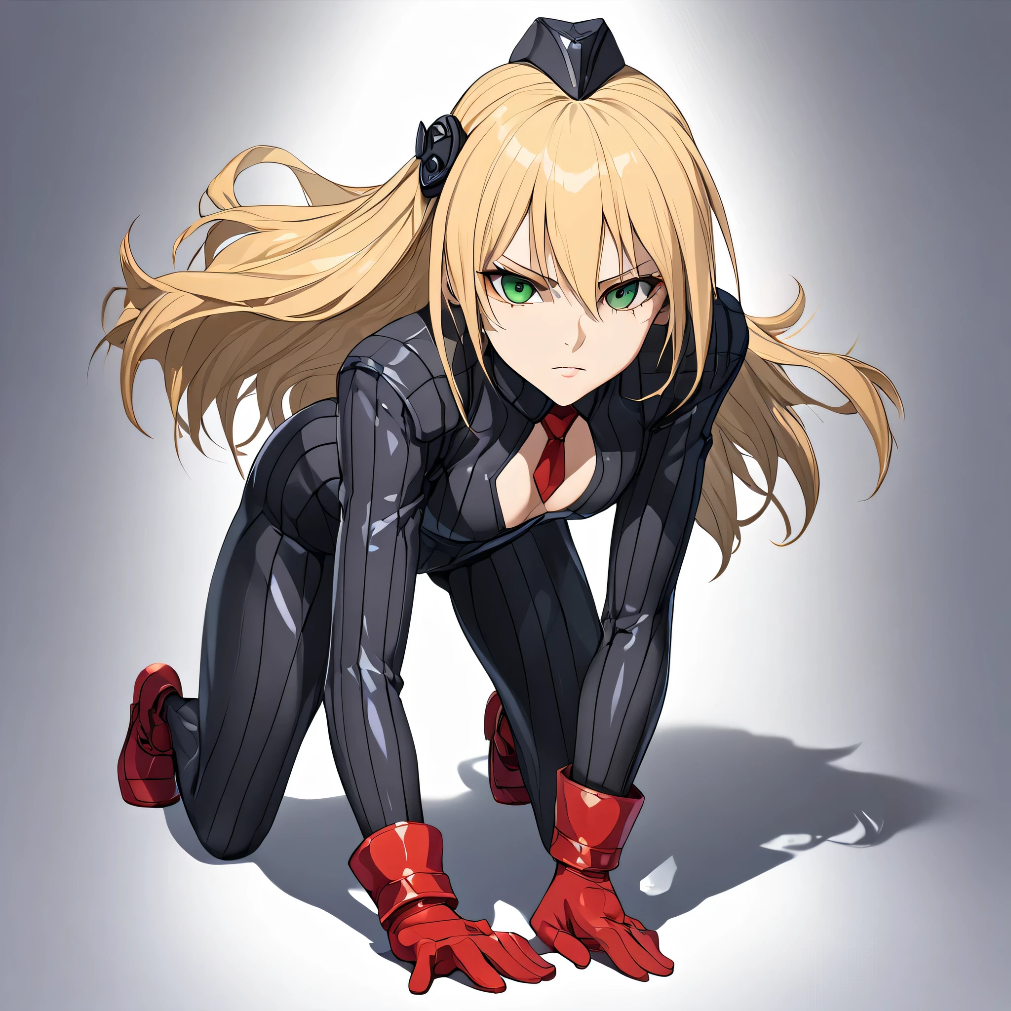 anime, (masterpiece), (best quality), (ultra-detailed), (best illustration), (best shadow), (absurdres), (detailed background), (very aesthetic), shiny, detailed beautiful eyes, outstanding, countershading, detailed soft lighting, an exquisite animation illustration, 1girl, solo, full body, anheang, Dollsuit, thighthigh, dark persona, empty eyes, expressionless, blank eyes, looking at viewer, red gloves, emotionless, Fighting Stance, hair ornament, medium breast, green eyes, blonde hair, long hair, (((seductive pose, all fours, crawling, crawl)))