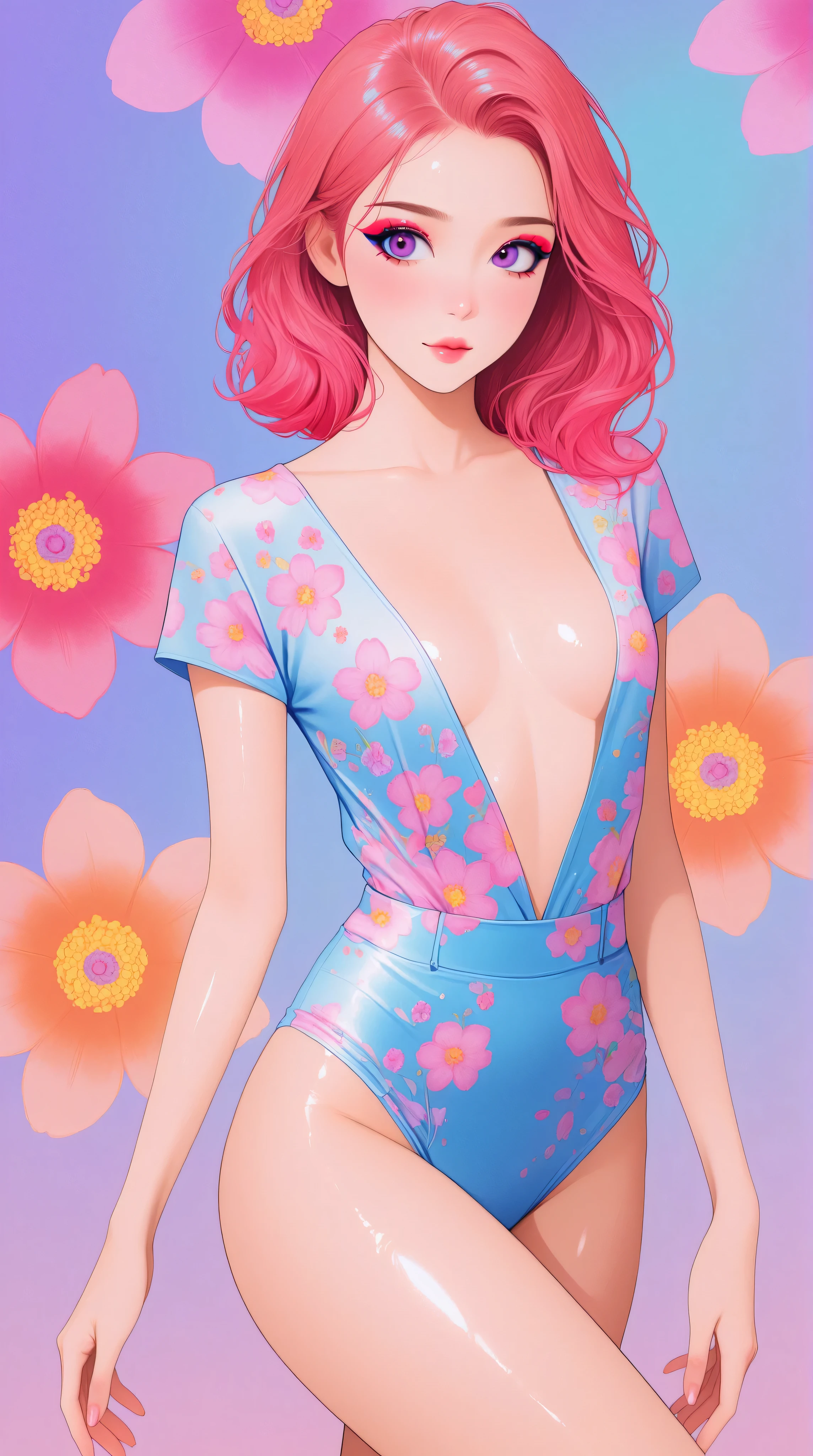 Create pop art-style digital artwork, Vibrant and confident woman featuring bold makeup and colorful fashion, movie color scheme, Surrounded by vintage floral patterns, Vibrant strokes,Emotions should be dynamic, Upper Body, , illustration, shiny skin, (eyes looking off to side), Highly detailed, Amazing work,Vitreous luster, blues, purples, pinks, Best quality at best,shiny skin, no background, colorful background, blue background, pink background, purple background, plunging neckline, sexy pose, dynamic pose, heavy blushing, small breasts, long legs, slender, tall, thin,