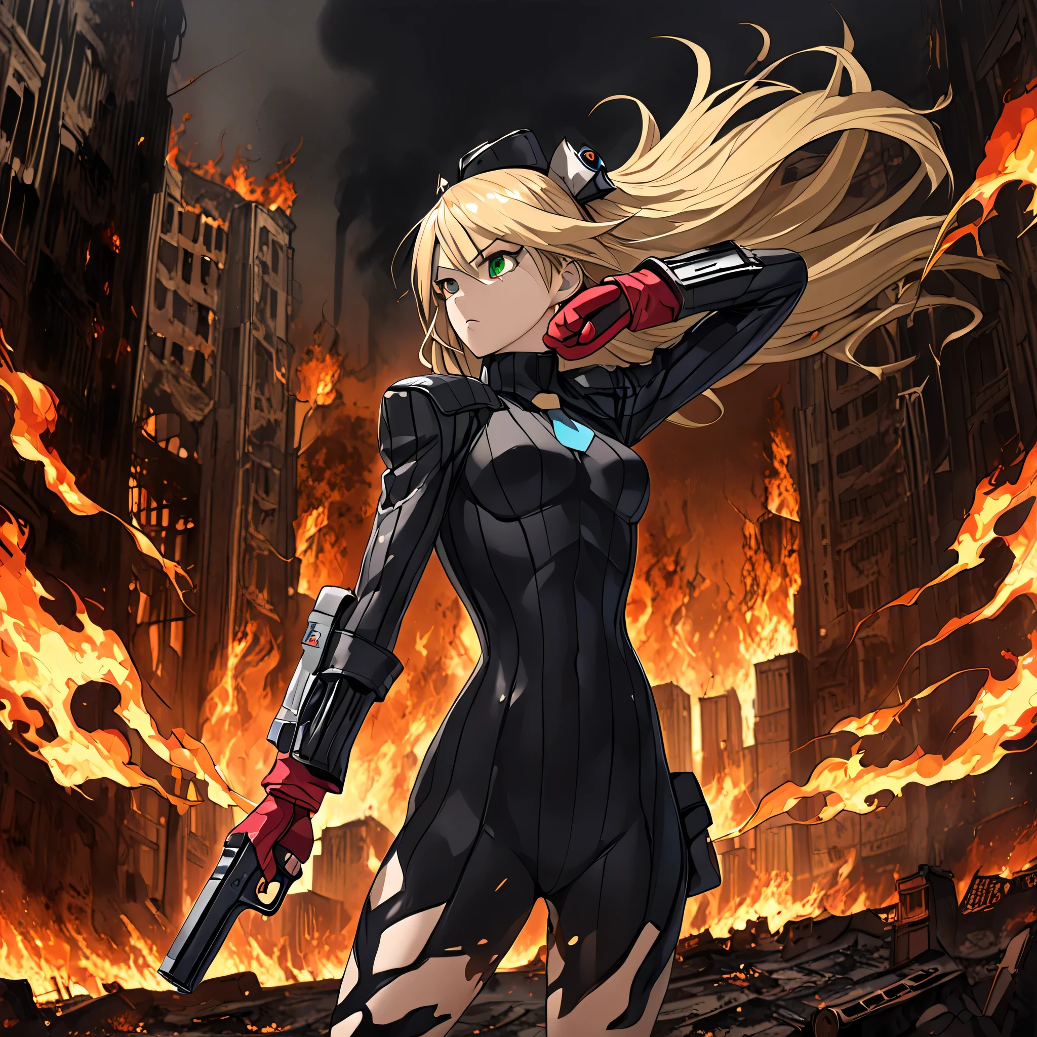 anime, (masterpiece), (best quality), (ultra-detailed), (best illustration), (best shadow), (absurdres), (detailed background), (very aesthetic), shiny, detailed beautiful eyes, outstanding, countershading, detailed soft lighting, an exquisite animation illustration, 1girl, solo, full body, anheang, Dollsuit, thighthigh, dark persona, empty eyes, expressionless, blank eyes, looking at viewer, red gloves, emotionless, Fighting Stance, hair ornament, medium breast, green eyes, blonde hair, long hair, holding gun, handgun, dual wielding, seductive pose, hands behind head, sprading legs, battle, war background, apocalyptic background, looking from side, view from side, from side, (((burn, burning city, bow the head)))