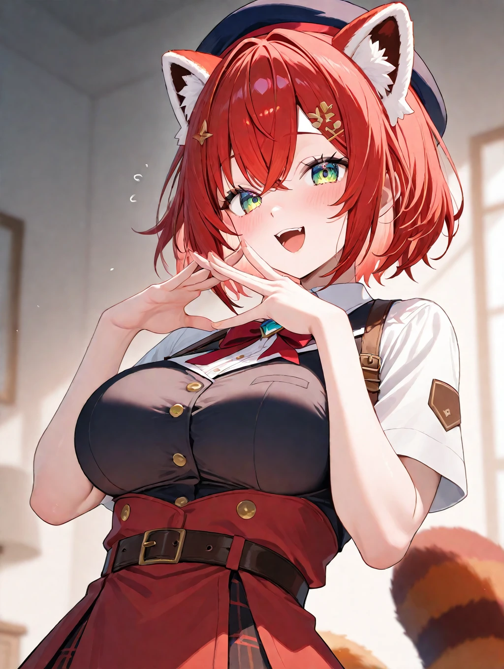 1girl,solo,red hair color,wolf cut hair(short),wolf ears,green eyes,slanted eyes,super huge breasts,slender,red shirt,long sleeves,briefcase,expressionless,looking at viewer,near,beautiful person ,cool,standing up,white background