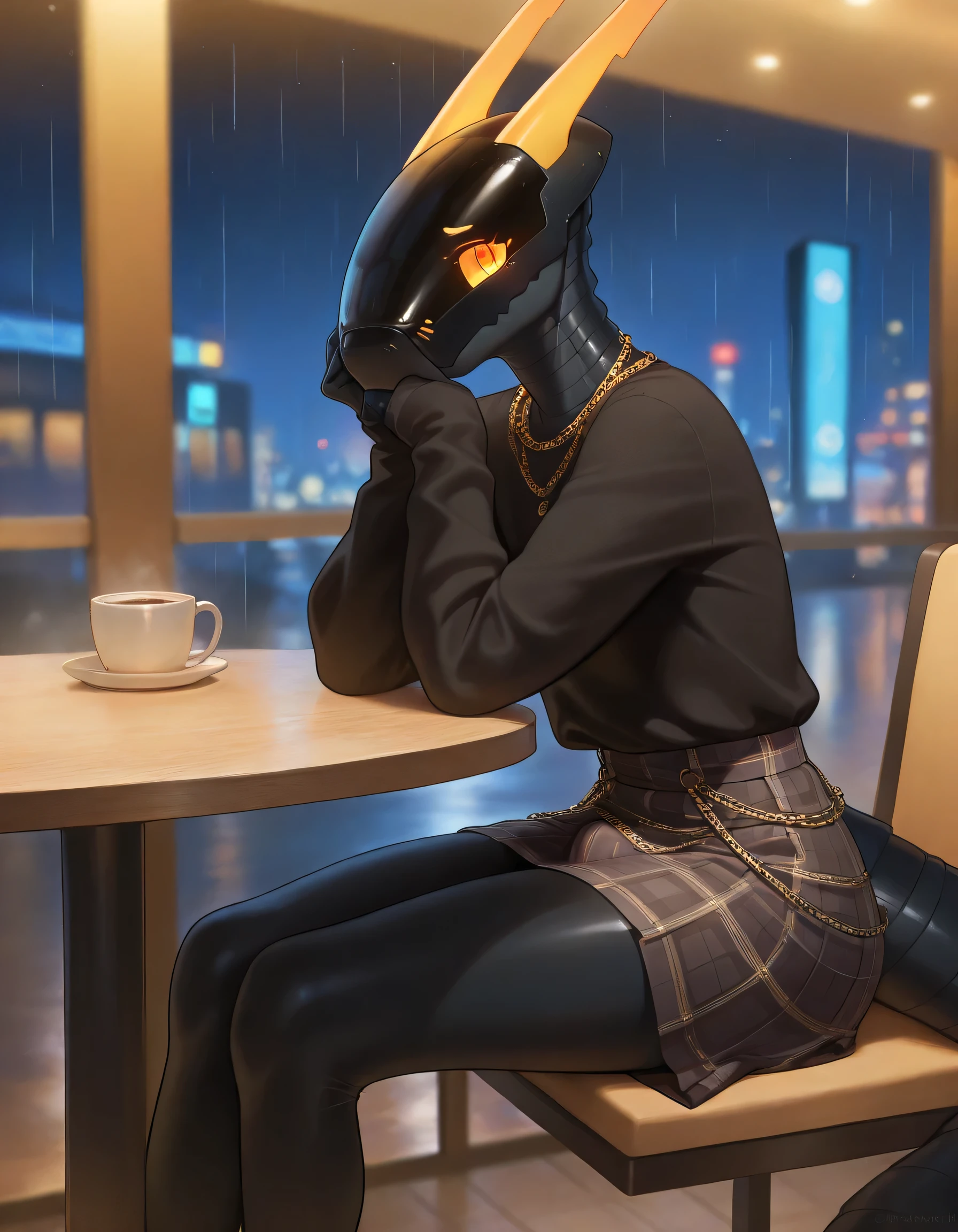 masterpiece, best quality, amazing quality, very aesthetic, absurdres, newest, scenery, extreme detail, 8k, solo, detailed eyes, by Riolutiny, anthro, synth, \(vader-san\), synthhead, synthbod, synthfeet, femboy, girly body, slim, black long sleeve, plaid skirt, chain on hip, bulge, glowing orange eyes, black body, hexagonal skin texture, orange accents, sitting at a cafe table, shy expression, date, (cafe, cozy, night), raining outside