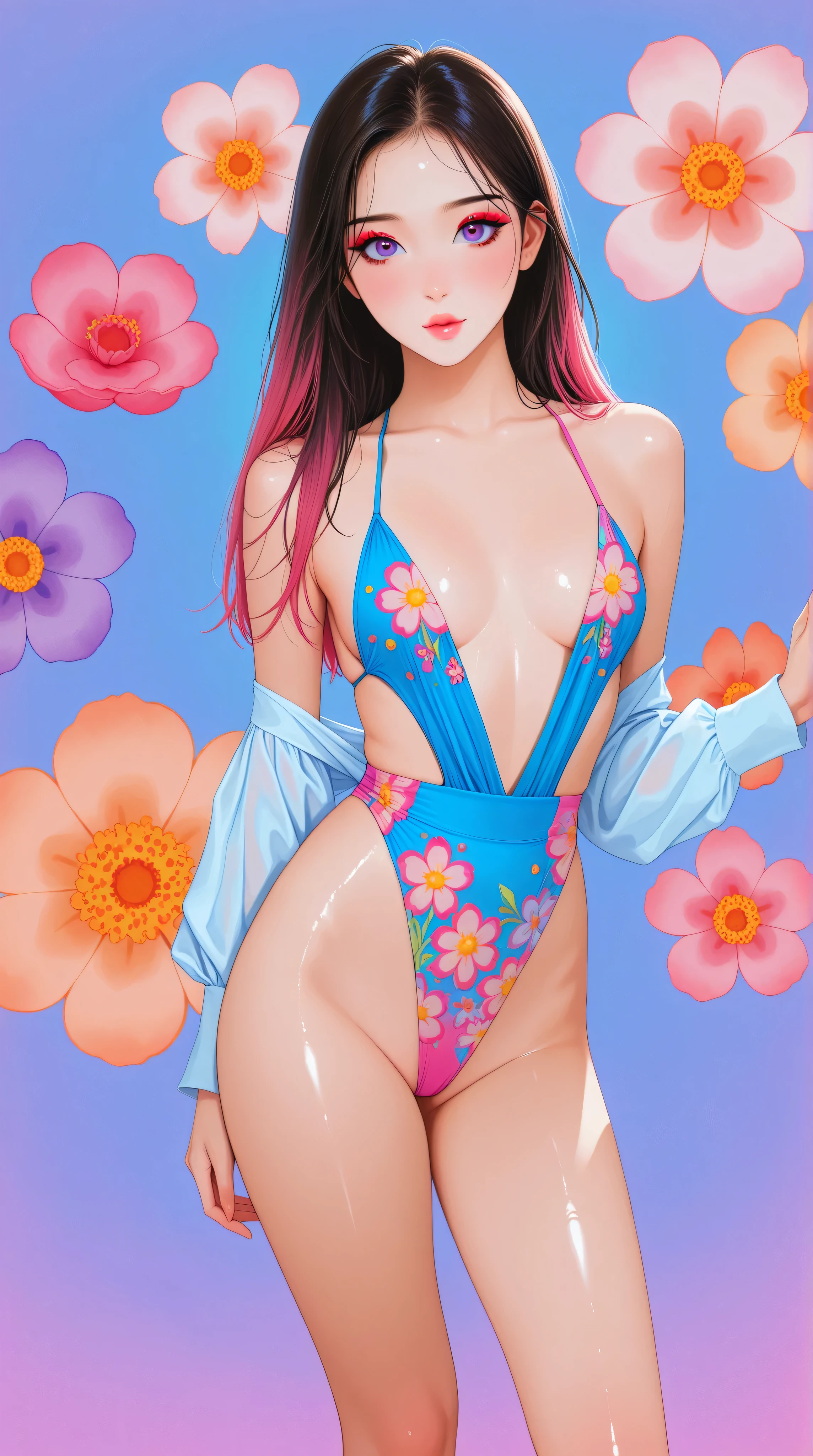 Create pop art-style digital artwork, Vibrant and confident woman featuring bold makeup and colorful fashion, movie color scheme, Surrounded by vintage floral patterns, Vibrant strokes,Emotions should be dynamic, Upper Body, , illustration, shiny skin, (eyes looking off to side), Highly detailed, Amazing work,Vitreous luster, blues, purples, pinks, Best quality at best,shiny skin, no background, colorful background, blue background, pink background, purple background, plunging neckline, sexy pose, dynamic pose, heavy blushing, small breasts, long legs, slender, tall, thin,