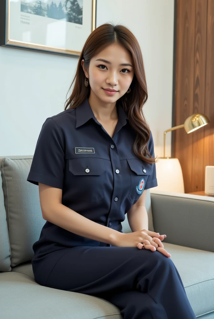 ((best quality)), ((masterpiece)), (detailed), 1 indonesian girl hoteliers, young, photography, front view, full body, white background, thumbs up, smile, realistic, work uniform
