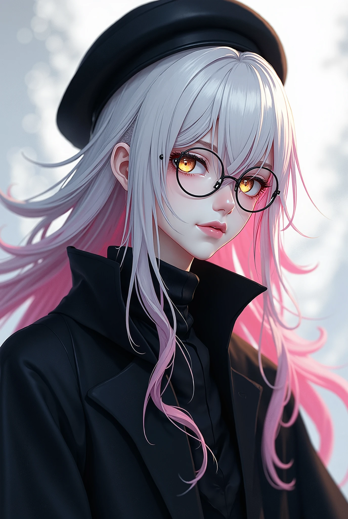 Anime girl with pink hair and glasses wearing a black hat - SeaArt AI