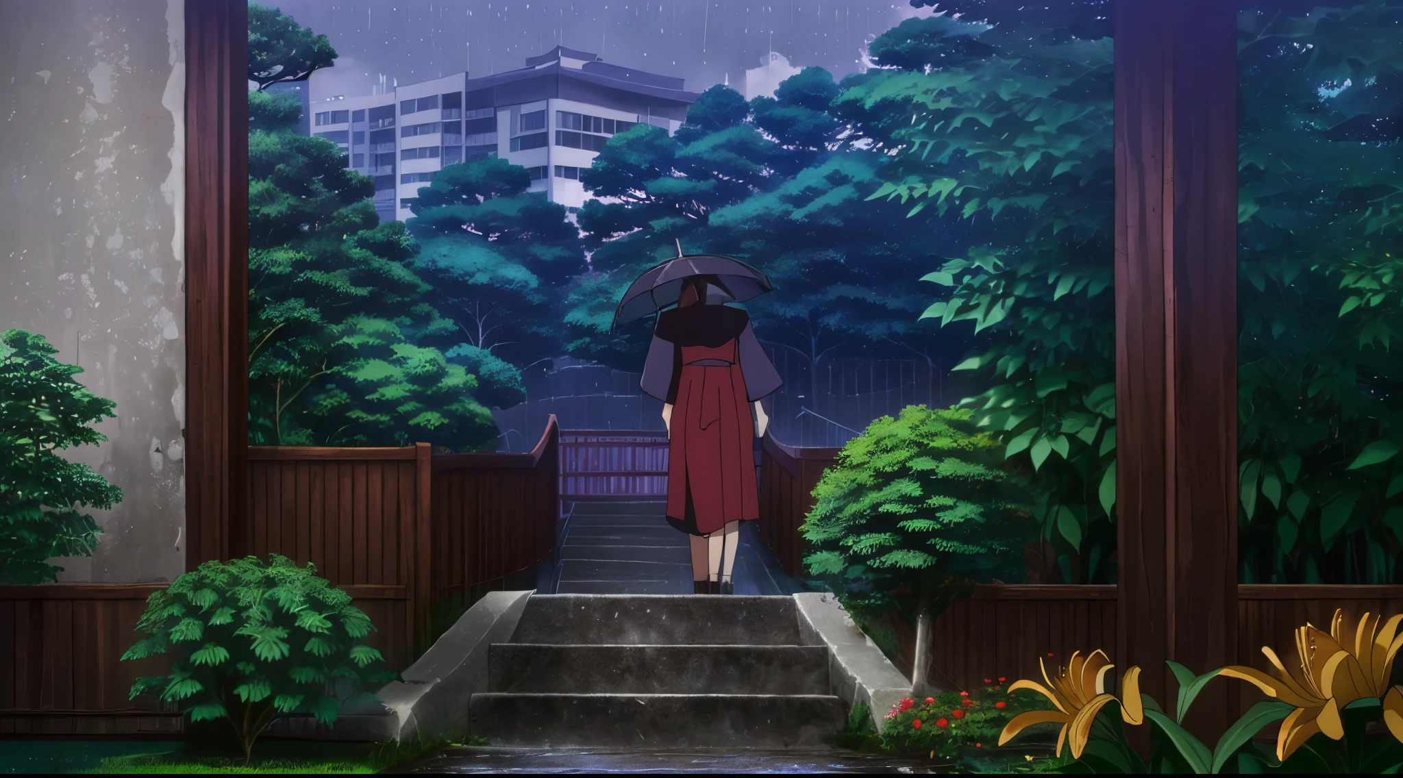 (Rainy sky) (Raindrops Falling) (Afternoon) (Grey Sky)
(80’s Anime) (Classic) (Vintage) (Retro)
1980’s Tokyo High School is a huge broad campus of several buildings build in a traditional Japanese High School architectural style.
The school building is well hidden in the center of Tokyo's City, far and high in the Downtown District. Naturally, there is a garden where there are a lot of (Red lily flowers) (Higanbana) around the property to further obscure the location.
(View from the Stairwell)