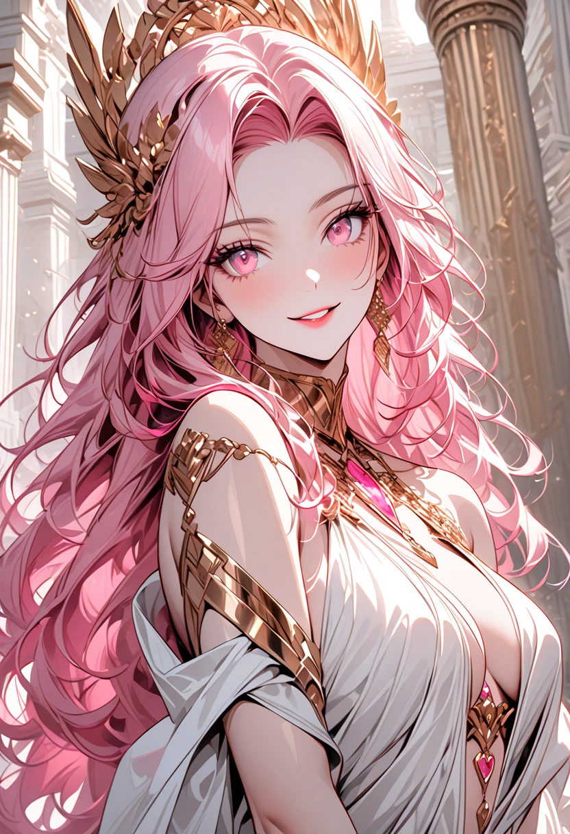long pink hair, yellow eyes, big breasts, big ass, red necklace, fantasy, naughty smile, detailed face features, vibrant colors, glowing background, ethereal atmosphere, intricate details, shiny hair strands, alluring gaze, magical aura, flowing dress, dreamlike setting, enchanting beauty, mesmerizing charm, supernatural powers