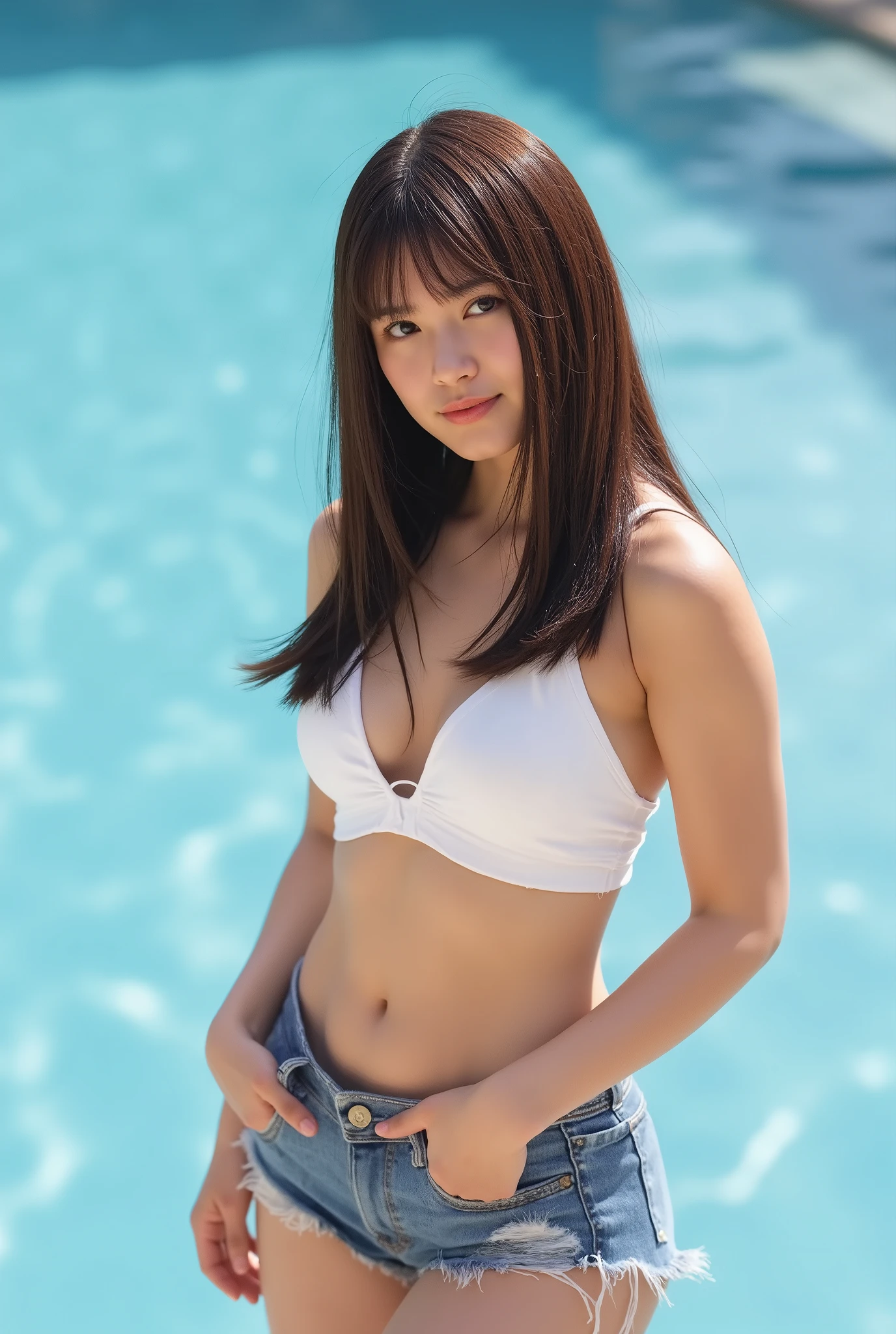  best quality 、８k、masterpiece、 super high resolution、( photorealistic:1.4)、Original photo、 1 girl、 Dark Brown Hair でロングヘア、Healthy tanned skin、 Kiri Reina female、 1 girl、、Slim Abs:1.1、 Dark Brown Hair 、(Standing by the pool )、((ultra short white bikini top、 damage micro denim shorts、beach、Navel exposed、whole body、 、Beautiful breasts、Nipples))、 very detailed face、whole bodyが写っている、whole body、 Highly Detailed Lips 、 detailed eyes、double eyelids、 Slender Woman