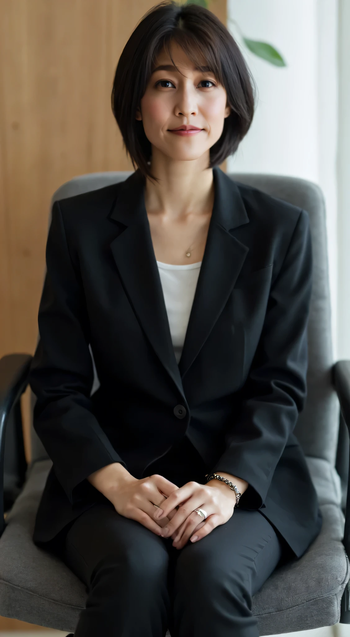  Japanese woman、40 years old、A few wrinkles on the face、 body that makes you feel old、 Skinny Body 、 black recruitment suit、 very short hair、 tea hair、sit cross-legged in an office chair