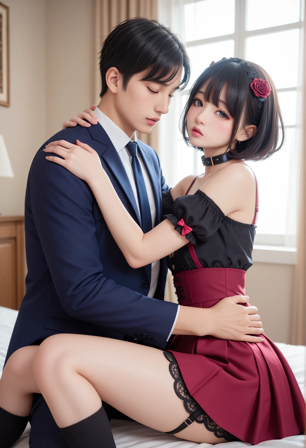 Two people in the scenes, 11-year-old girl, half rabbit, maid's uniform, extremely short skirt, wearing thin-framed round glasses, red hair and a strong man, wearing a suit, hugging the woman from behind and groping her small breasts hard, fingers squeezing her small breasts hard, between her fingers, (very small breasts,  big neckline, 11 year old girl, gorgeous, northern European girl face)), ((very small breasts, large neckline showing a nipple, black and transparent panties, crotch showing)). Full body image. Photorealistic face, realistic eyes, smile. In the background bar type English Pub,(high resolution:1.0), beautiful lighting, perfect lighting, realistic shadows, [highres], detailed skin, ultra-detailed, legs open, forward bent position, thighs, (beautiful long red hair), soft navel, soft belly, soft back, top angle, blush, photorealistic, realistic face, realistic eyes, malicious smile ((realistic style))) ((neckline))), (eyeliner), (mascara).