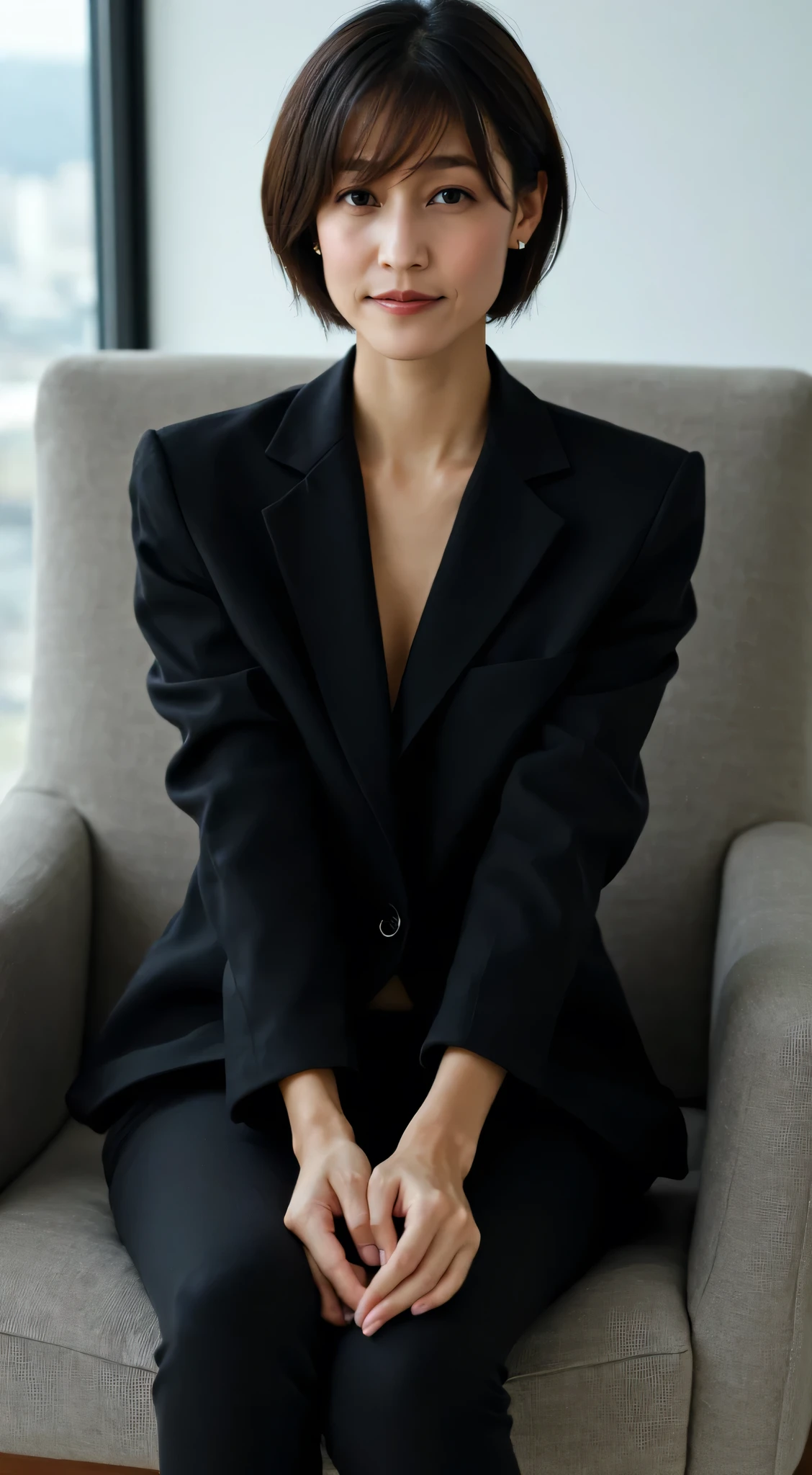  Japanese woman、40 years old、A few wrinkles on the face、 body that makes you feel old、 Skinny Body 、 black recruitment suit、 very short hair、 tea hair、sit cross-legged in an office chair