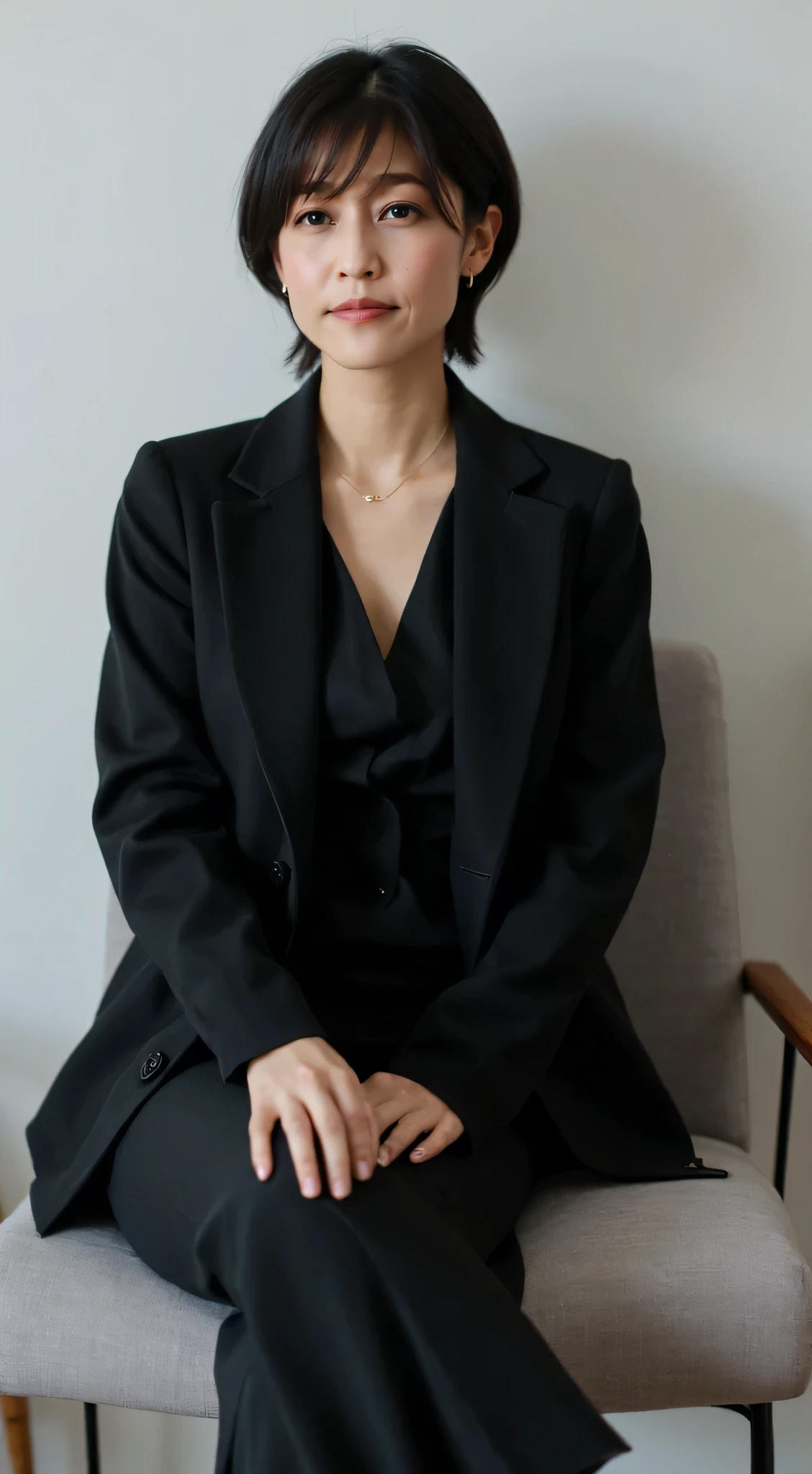  Japanese woman、40 years old、A few wrinkles on the face、 body that makes you feel old、 Skinny Body 、 black recruitment suit、 very short hair、 tea hair、sit cross-legged in an office chair