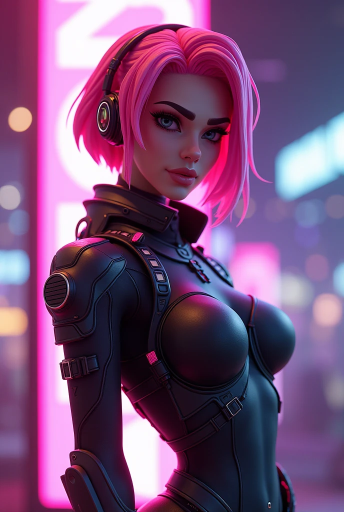 A cyberpunk city background for a Photograph of a woman with natural skin, short hair, sharp eyes, a thin and upturned nose, shapely lips, an hourglass body shape, typical clothes and makeup, intricately maximalist-detailed, vibrant, vivid, epic, smooth, cinematic, 4K, backlit, and a deep depth of field.