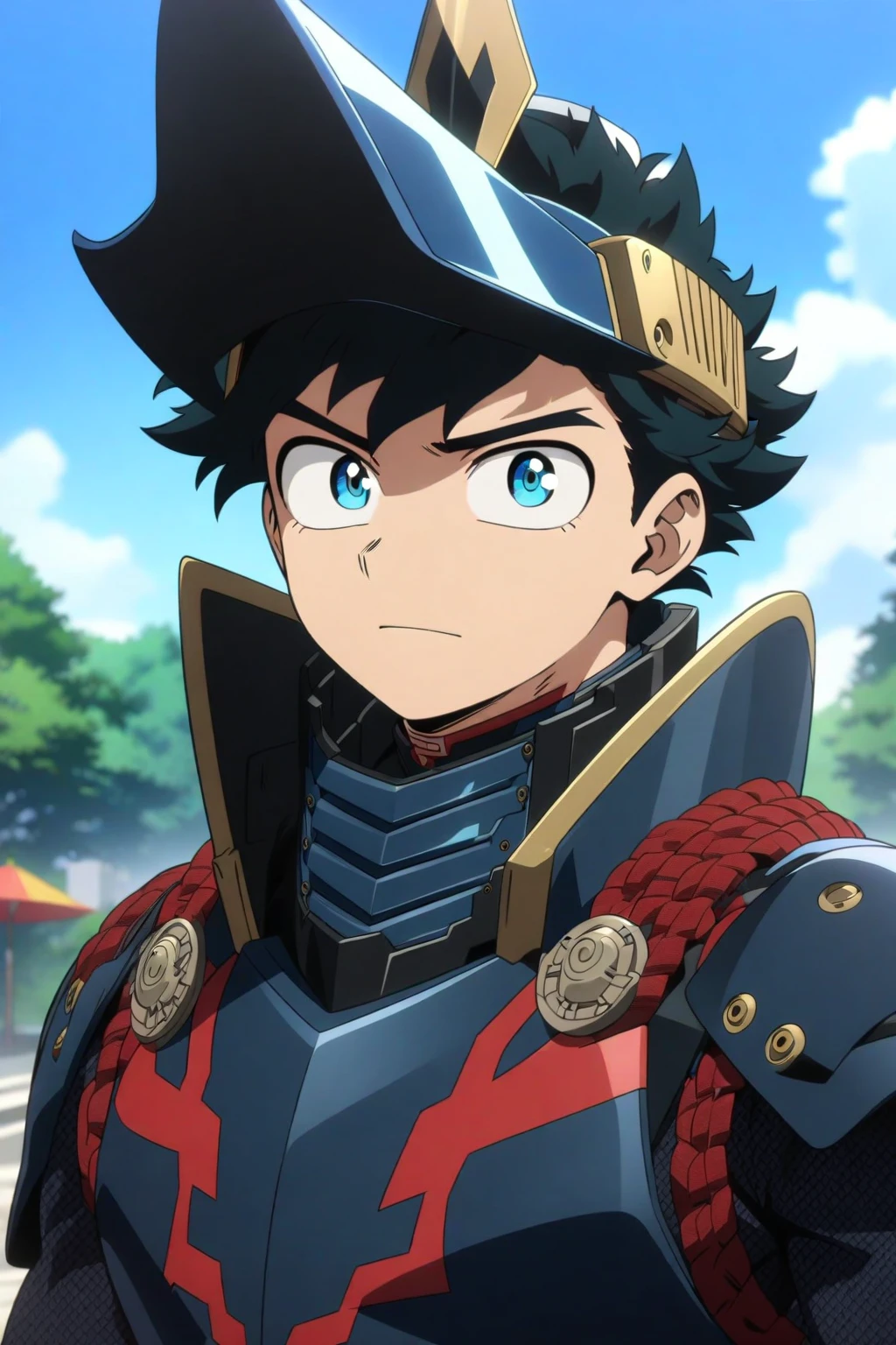 1boy, 20-years-old, handsome, ((MALE)), solo, Samurai themed pro hero, blue and black Samurai armor, helmet with robot-like blue eyes visor.
Daytime, blooming park background, detailed anime lighting, colorfull.
As My Hero Academia character, MHA style, anime style, my hero academia, boku no hero academia, animated. Anime, Best Quality, Masterpiece, High Resolution, 4K, perfect body, perfect eyes, perfect eyes, Full Quality, colorfull, Looking at viewer, Anime, Anime Style, High Resolution.