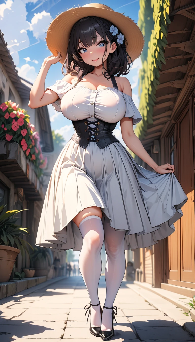 1girl, 1girl, Eishin Flash (umamusume), umamusume]], bob cut,blue eyes,eyeshadow,huge breasts, solo, masterpiece, gleaming skin, super detailed skin, shiny hair, glamorous, happy smile,steam,sweat,dirndl,pubic hair, full body,standing,horse tails,garden,nsfw,