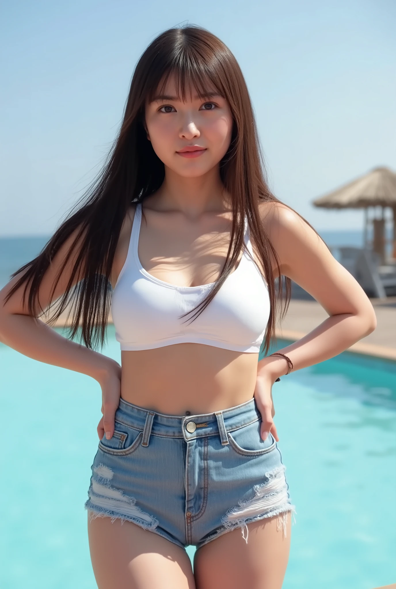  best quality 、８k、masterpiece、 super high resolution、( photorealistic:1.4)、Original photo、 1 girl、 Dark Brown Hair でロングヘア、Healthy tanned skin、 Kiri Reina female、 1 girl、、Slim Abs:1.1、 Dark Brown Hair 、(Standing by the pool )、((ultra short white bikini top、 damage micro denim shorts、beach、Navel exposed、whole body、 、Beautiful breasts、Nipples))、 very detailed face、whole bodyが写っている、whole body、 Highly Detailed Lips 、 detailed eyes、double eyelids、 Slender Woman