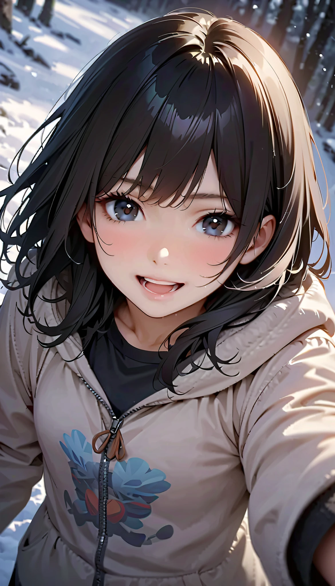 ( best quality :1.2, very detailed, Latest, lively, Masterpiece :1.2, best quality , Aesthetics at its best) , Face Up Shot, ((( very detailed目と顔))), Official Art, 8k Ultra HD, very detailed, Delicate and dynamic, blurred background , Hiku Snow Scenery , there's snow on the ground, it's snowing, Falling Snow, winter, The World of Silver, Diffuse reflection of light, is dazzling, one woman, 2.5D, smile, black eyes, black hair, short, pees on a very young , flat chest, Fluffy winter clothes, Get excited, dynamic pose, dynamic angle, Realistic, her breath is white