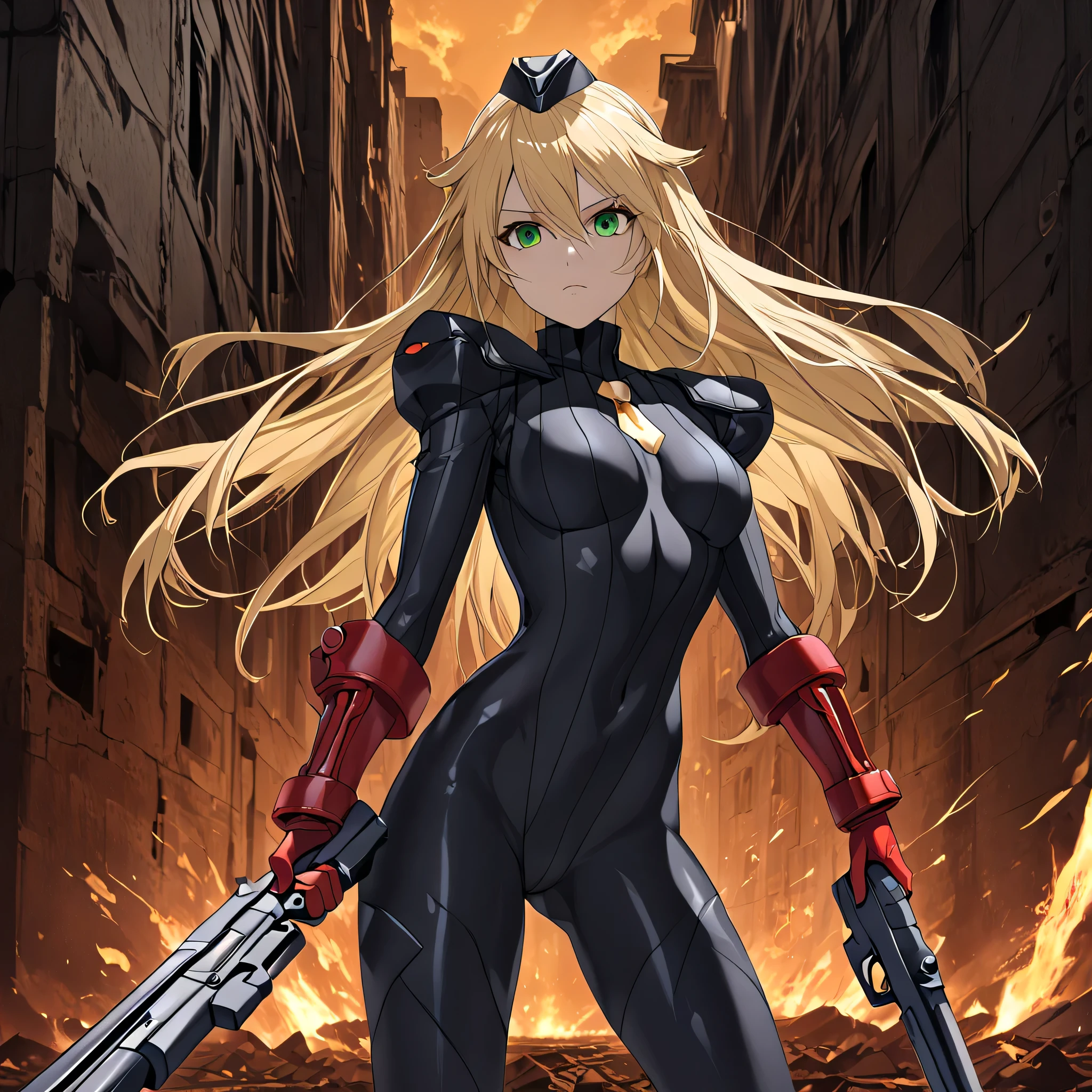 anime, (masterpiece), (best quality), (ultra-detailed), (best illustration), (best shadow), (absurdres), (detailed background), (very aesthetic), shiny, detailed beautiful eyes, outstanding, countershading, detailed soft lighting, an exquisite animation illustration, 1girl, solo, full body, anheang, Dollsuit, thighthigh, dark persona, empty eyes, expressionless, blank eyes, looking at viewer, red gloves, emotionless, Fighting Stance, hair ornament, medium breast, green eyes, blonde hair, long hair, holding gun, handgun, dual wielding, seductive pose, battle, war background, apocalyptic background
