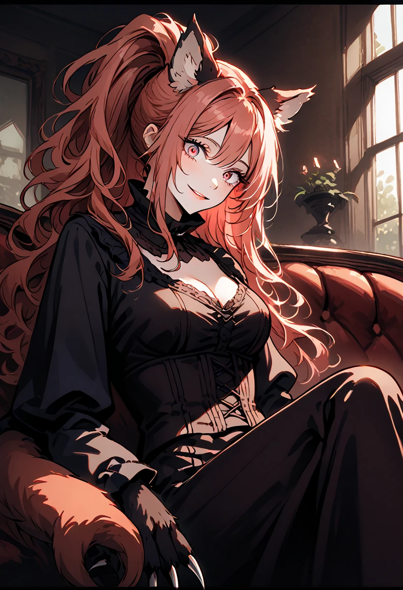 orange eyes, blonde hair, fox ears, cat eyes, gothic victorian, ahoge, ornaments, long hair,  hecate,  <lora:Hecate-01:1>, <lora:add_detail:0.5>, victorian, sitting, looking out of window, leaning against wall, sexually suggestive, naughty face,