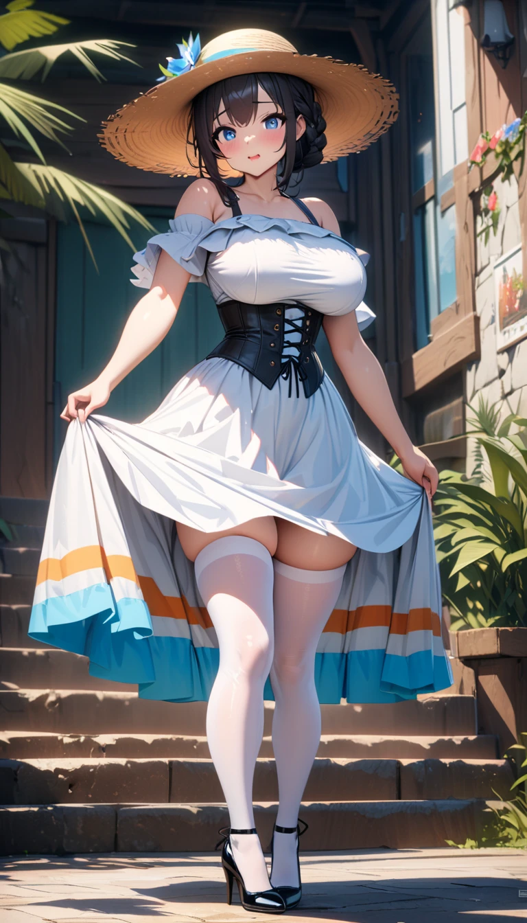 1girl, milk maid, tight corset, long skirt, frilly skirt, dark green skirt, cleavage, breasts, huge breasts, gigantic cleavage, bursting breasts, wide hips, smile, blonde hair, twin braids, holding skirt, skirt lift, outdoors, 8k, masterpiece,(((full body))) , (((sexy pose, model pose, standing pose)))