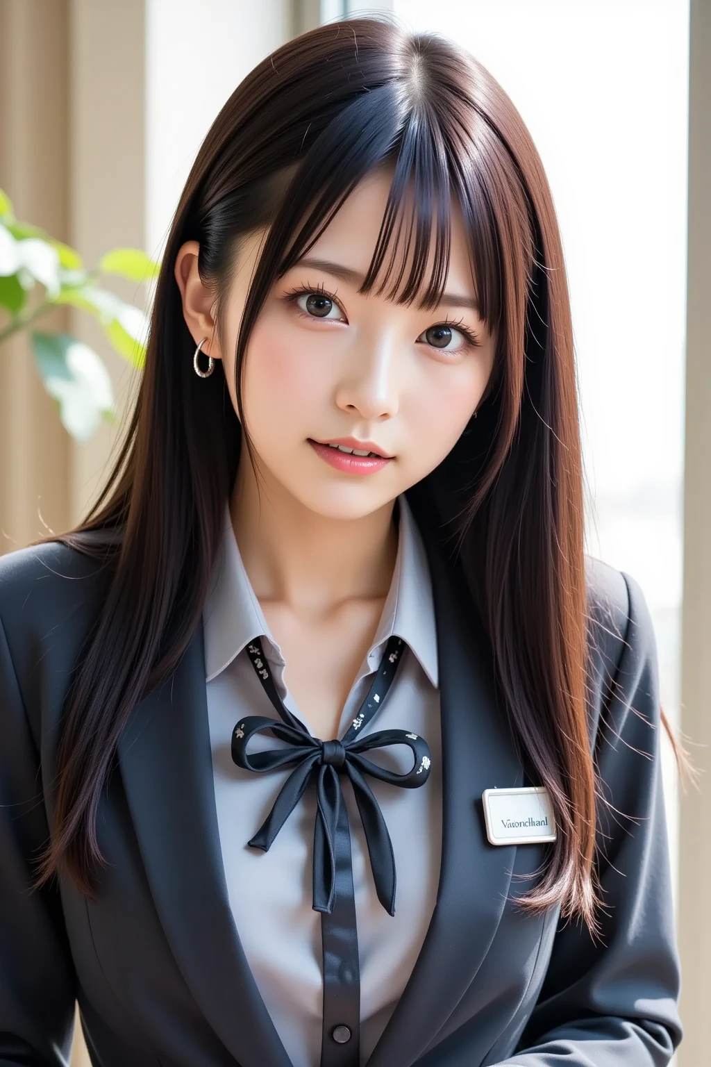 ((highest quality)), ((masterpiece)), (detailed), Perfect Face, smile, amusement park,, Huge breasts spilling out of her shirt, Accentuate larger breasts, Japan teenager, タイトな白いボタンダウンのBusiness shirts, Remove all buttons, Unbutton all the buttons on your shirt and open your chest wide, Deep cleavage、Wavy long hair, Navy blue tight skirt, Exposing large, protruding breasts, Pointed upper part of chest, Angle from the side,Business shirts, Upturned chest, Distinguish the shape of the left and right breasts clearly, The underboob is clearly visible, Look at me and smile, Baby Face