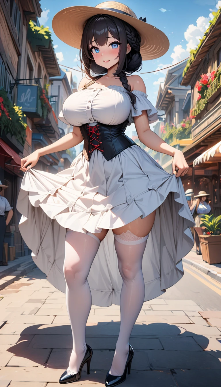 masterpiece:1.4,best-quality,Super Detail,Very Delicate and Beautiful, ( A beautiful woman rolls up her skirt to her waist to show her panties ), thong panties, garter belt, garter stocking, gigantic breasts, off-shoulder top, in the city