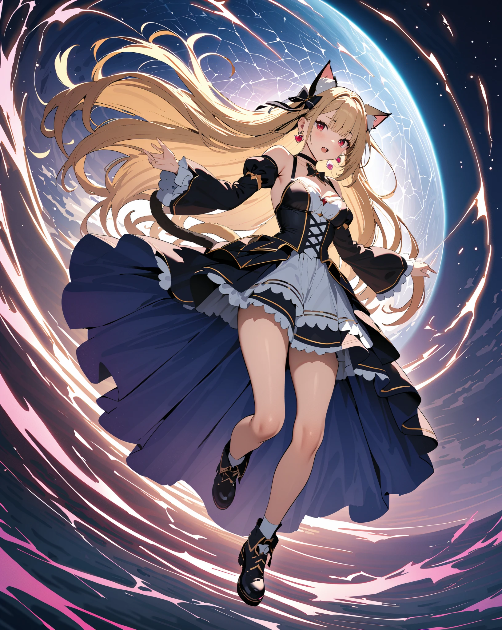(Tabletop, Highest quality、Very detailed、Very detailedな目), (perfect athletic body:1.2), (Thin Hair), Very detailed, Anime Style, whole body, alone, Fantasy Blonde Hair, Blue Eyed Girl, Apron dress like Alice in Wonderland, Playing cards with your hands, Red Hairband, Black-purple miasma swirls, There are many whispers of the dark devil floating around, Nightmarish sights, Standing in the Wilderness, High heel boots, Digital Painting, 8K high resolution, Trend Art Station, whole body, Bad smile,background_Distorted clock:1.5、Kawaii Tech、