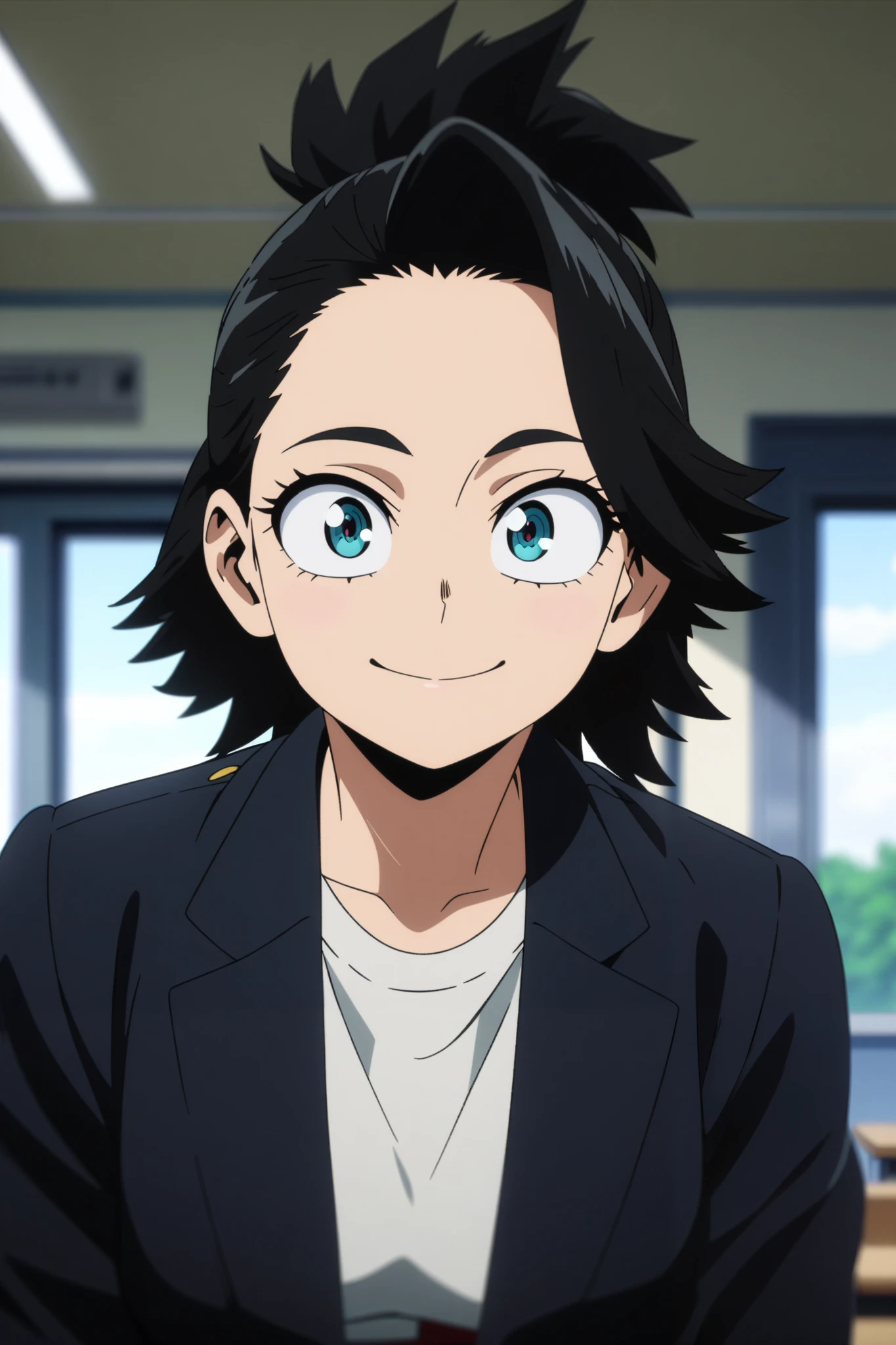 1girl, ((FEMALE)). Hair and face like in provided IMG2IMG photo.
Smile, clasroom interior background, daytime, detailed anime lighting, colorfull.
As My Hero Academia character, MHA style, anime style, my hero academia, boku no hero academia, animated. Anime, Best Quality, Masterpiece, High Resolution, 4K, perfect body, perfect eyes, perfect eyes, Full Quality, colorfull, Looking at viewer, Anime, Anime Style, High Resolution.