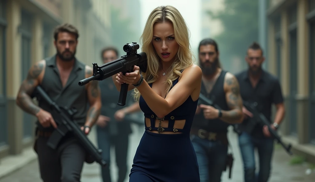 Kim Kardashian with long straight blonde hair in a ponytail in a baby blue tight satin shirt with buttons with sleeves and not cropped, generous cleavage,in a very tight black latex leggings, she is in a temple, she aims a gun at someone , behind her is a huge snake that opens its mouth with sharp teeth
