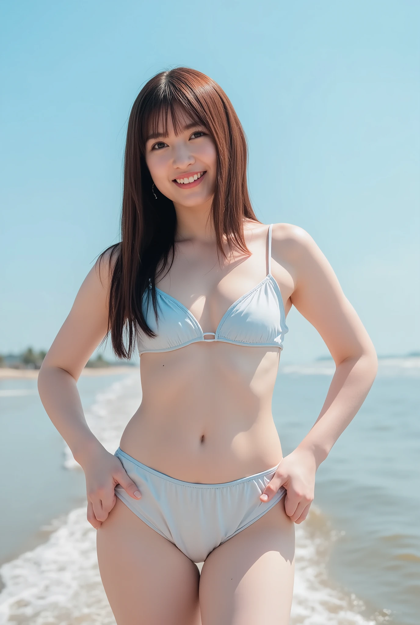 If NSFW : 1.2, from below:1.4,Front focus:1.5,(8k RAW photo,Live Shooting, best quality , masterpiece:1.37), extreme light and shadow , full body shot :1.5, Detailed clavicle, thin due to small things necklace, earrings,(( 1 girl)), Japanese Idol,(Alone), 3d,( camera slipping)), Perfect anatomy,break(( brown hair ),( brown long hair)),bangs:1.4,(( brown eyes)),, ( happy:0.9),Big Breasts, Clevis, underbust:1.6,( thin due to small things necklace, earrings),(Wear a light blue micro bikini),( white micro bikini)),Majora:1.2, cameltoe:1.4,break( standing with hands on hips),break (Bali Beach, the shining sun , Blue Sea, Baiyun)