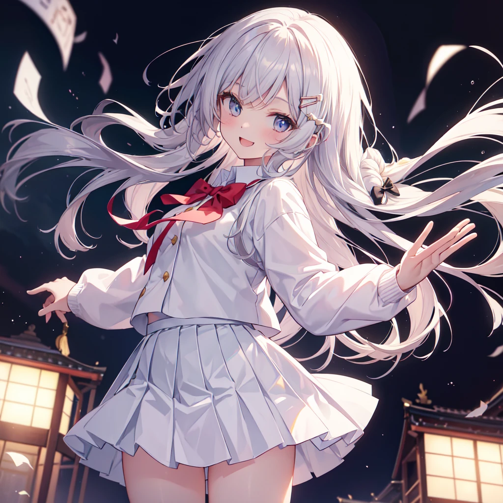 masterpiece, best quality , high resolution, Freyna , long hair, hair ornament, Hair Clips , bow tie, school uniform, shirt, white jacket, long sleeve , white skirt , pleated skirt, black knee high , smile, waving, open your mouth, cowboy shooting at the audience, Kyoto Animation , beautiful and perfect legs, Clean and perfect hands